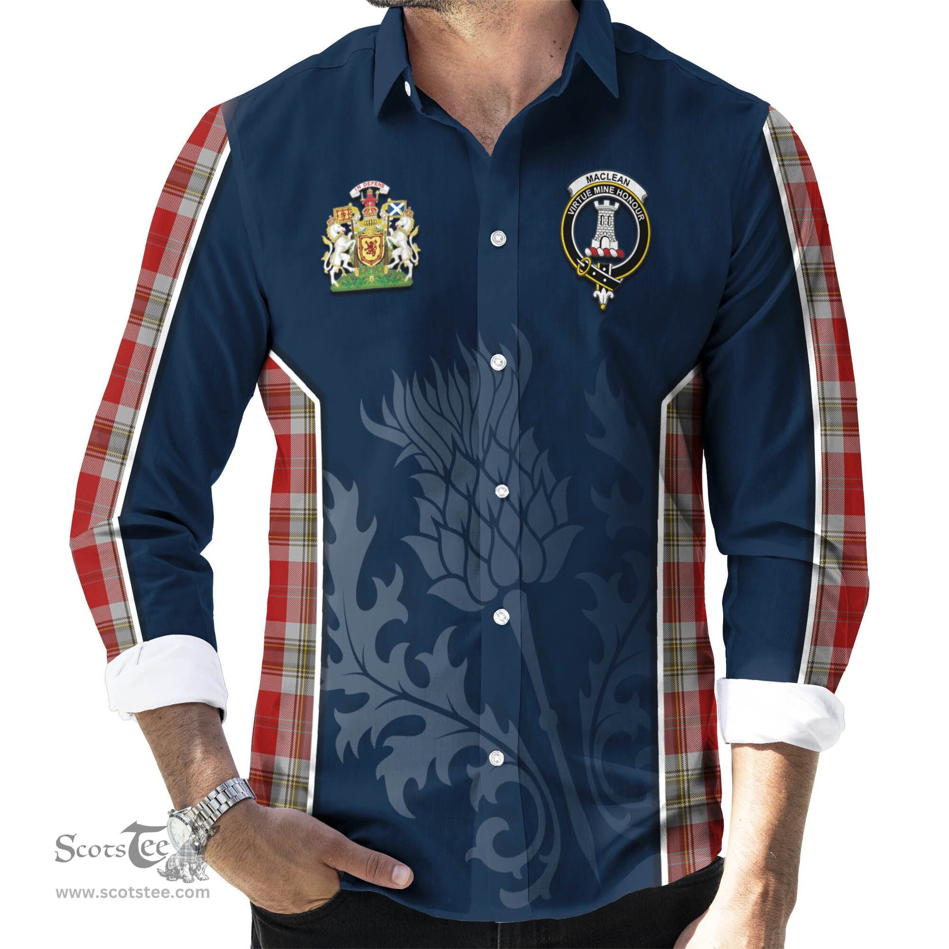 ScotsTee Shop Scottish MacLean of Duart Dress Red Clan Scottish Crest and Scottish Thistle Sport Tartan Long Sleeve Shirt