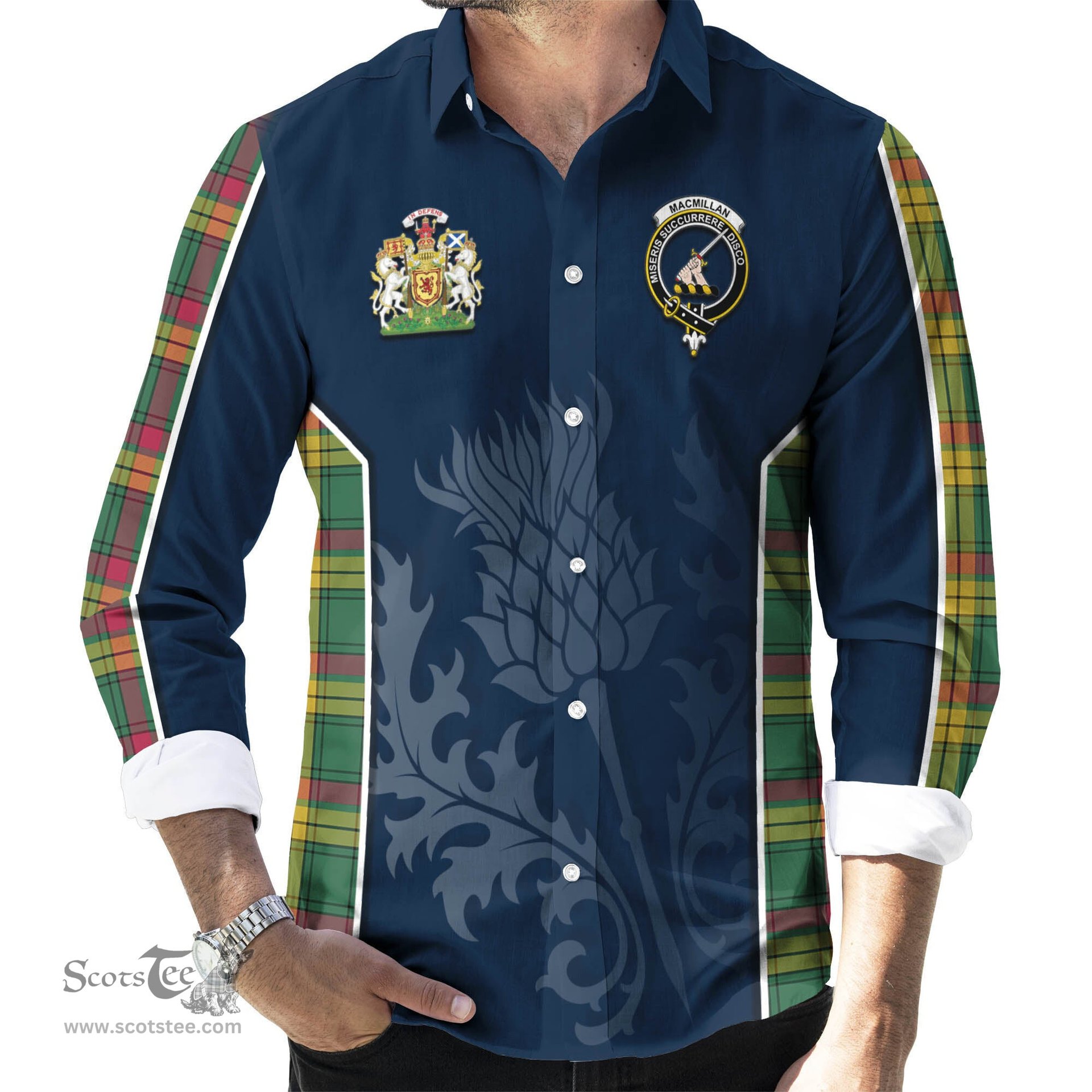 ScotsTee Shop Scottish MacMillan Old Ancient Clan Scottish Crest and Scottish Thistle Sport Tartan Long Sleeve Shirt