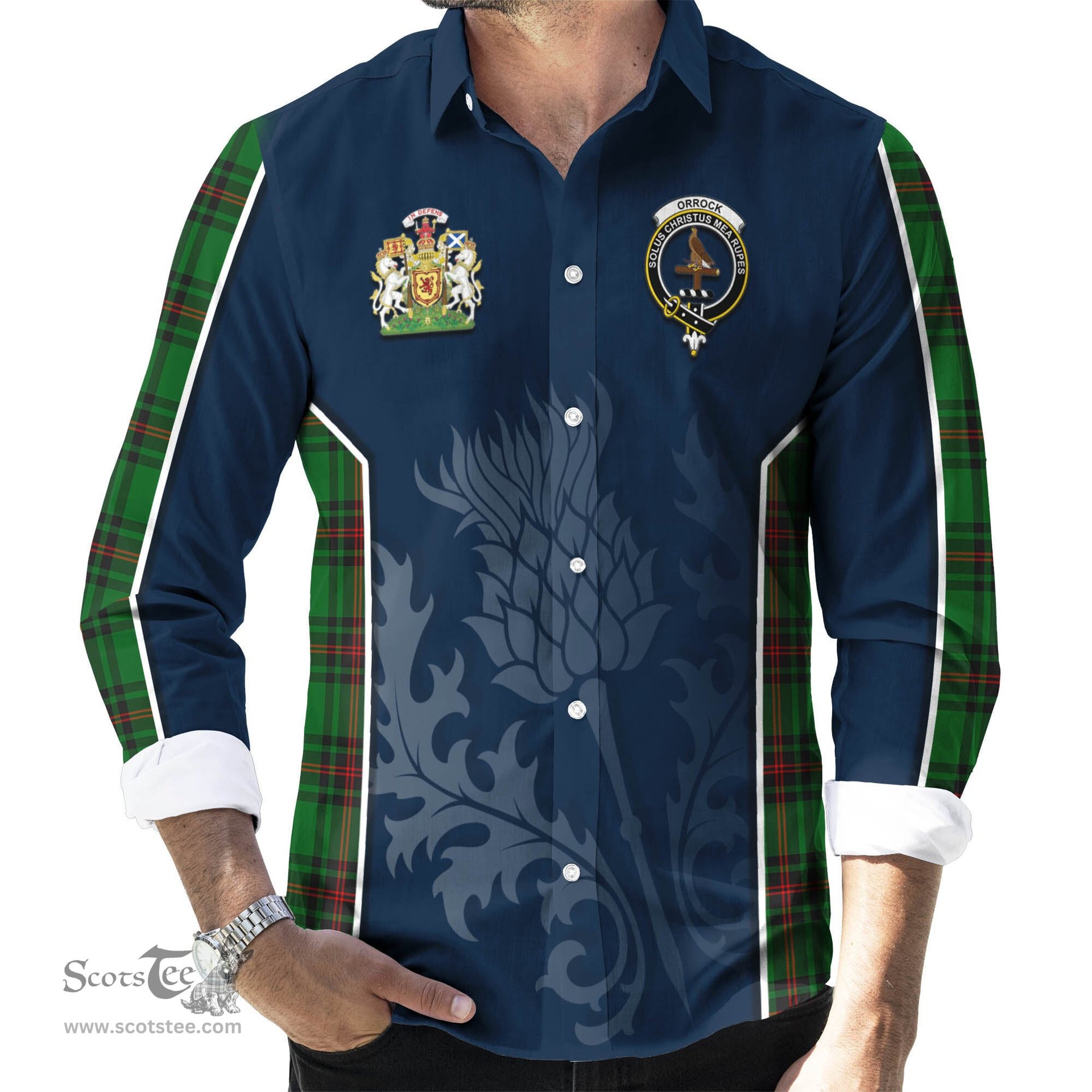 ScotsTee Shop Scottish Orrock Clan Scottish Crest and Scottish Thistle Sport Tartan Long Sleeve Shirt