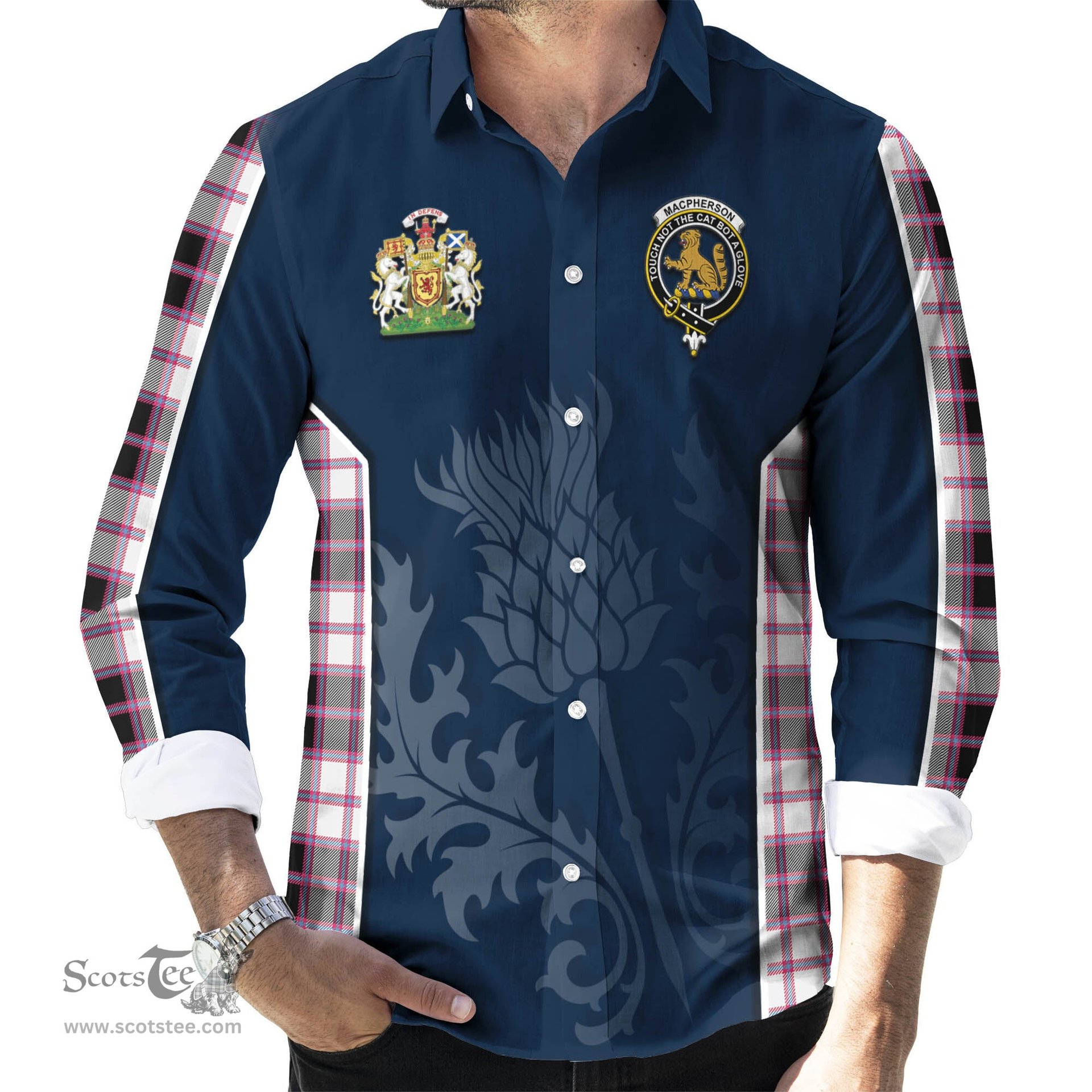 ScotsTee Shop Scottish MacPherson Hunting Modern Clan Scottish Crest and Scottish Thistle Sport Tartan Long Sleeve Shirt
