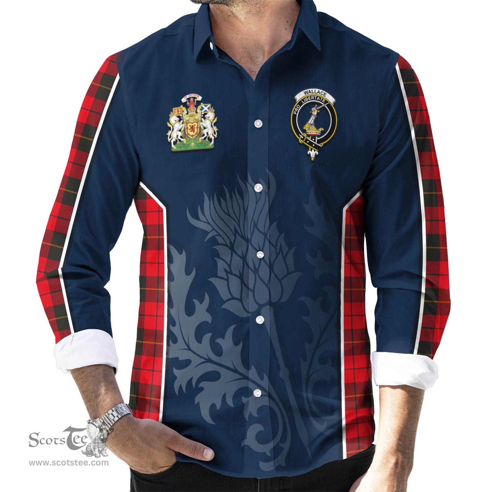 ScotsTee Shop Scottish Wallace Weathered Clan Scottish Crest and Scottish Thistle Sport Tartan Long Sleeve Shirt