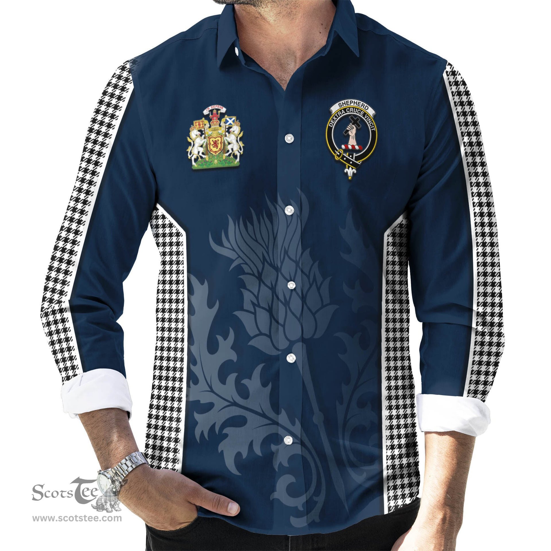ScotsTee Shop Scottish Shepherd Clan Scottish Crest and Scottish Thistle Sport Tartan Long Sleeve Shirt