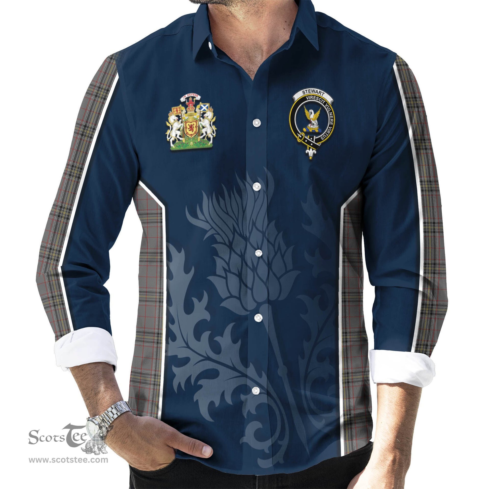 ScotsTee Shop Scottish Stewart Grey Clan Scottish Crest and Scottish Thistle Sport Tartan Long Sleeve Shirt