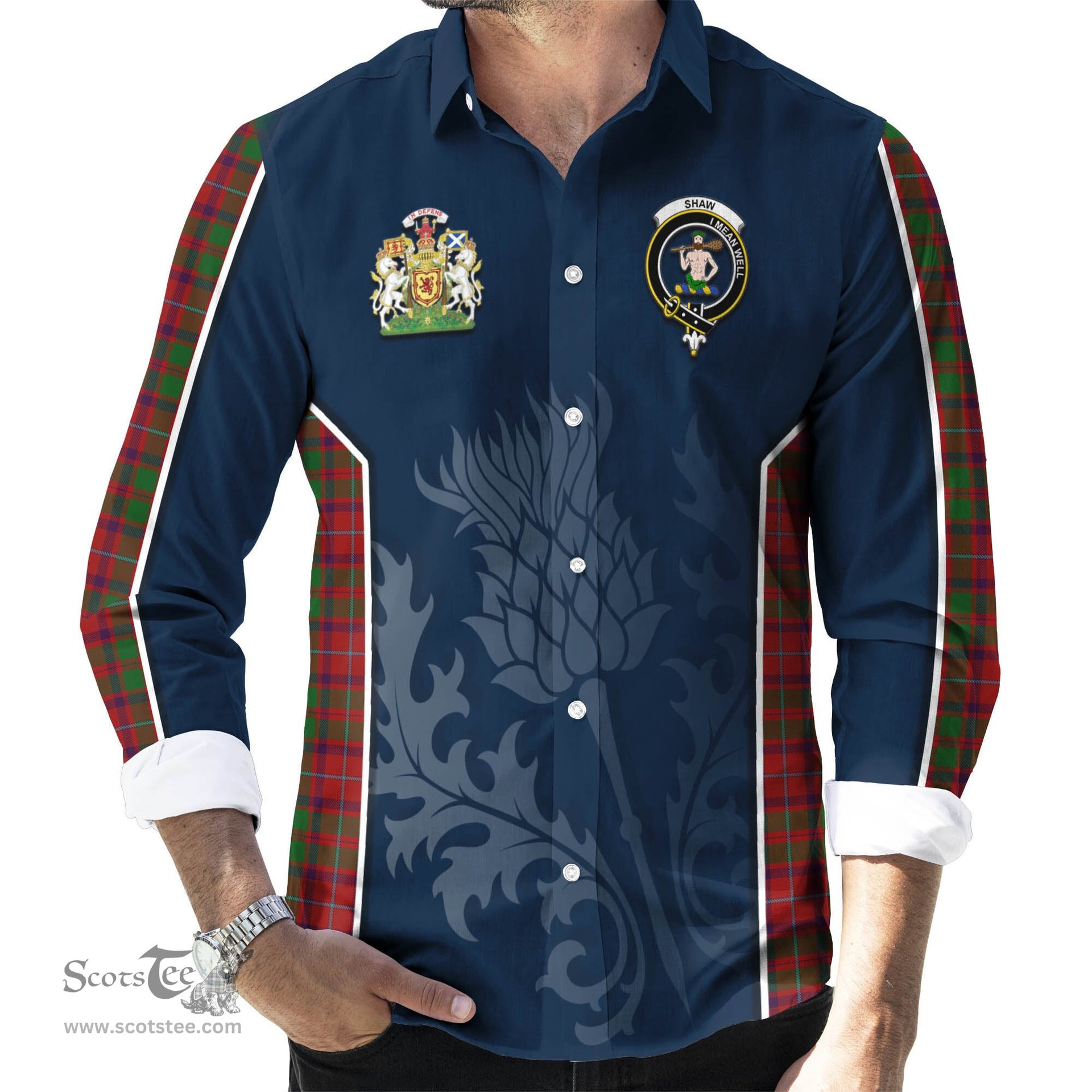 ScotsTee Shop Scottish Shaw of Tordarroch Red Dress Clan Scottish Crest and Scottish Thistle Sport Tartan Long Sleeve Shirt