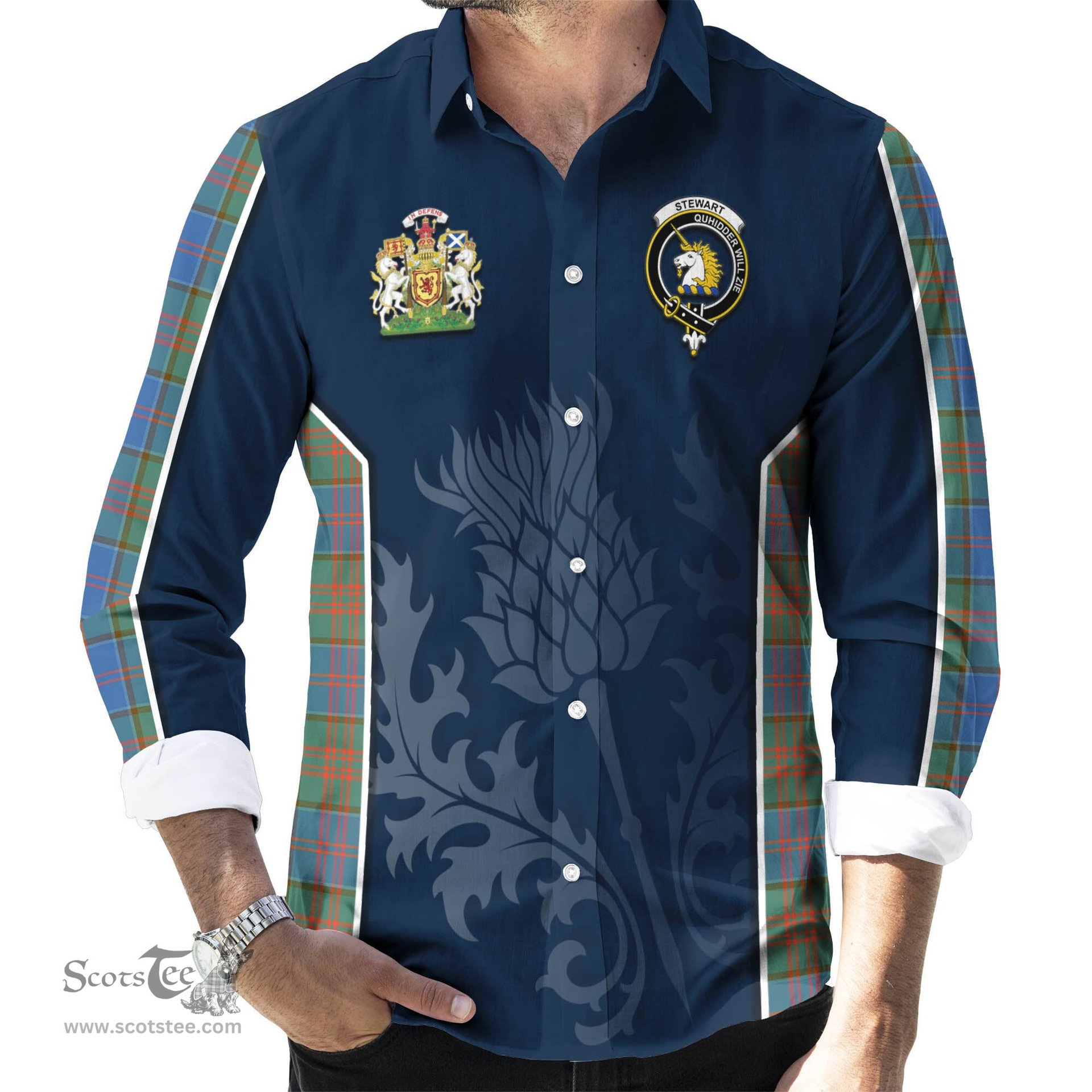 ScotsTee Shop Scottish Stewart of Appin Hunting Ancient Clan Scottish Crest and Scottish Thistle Sport Tartan Long Sleeve Shirt