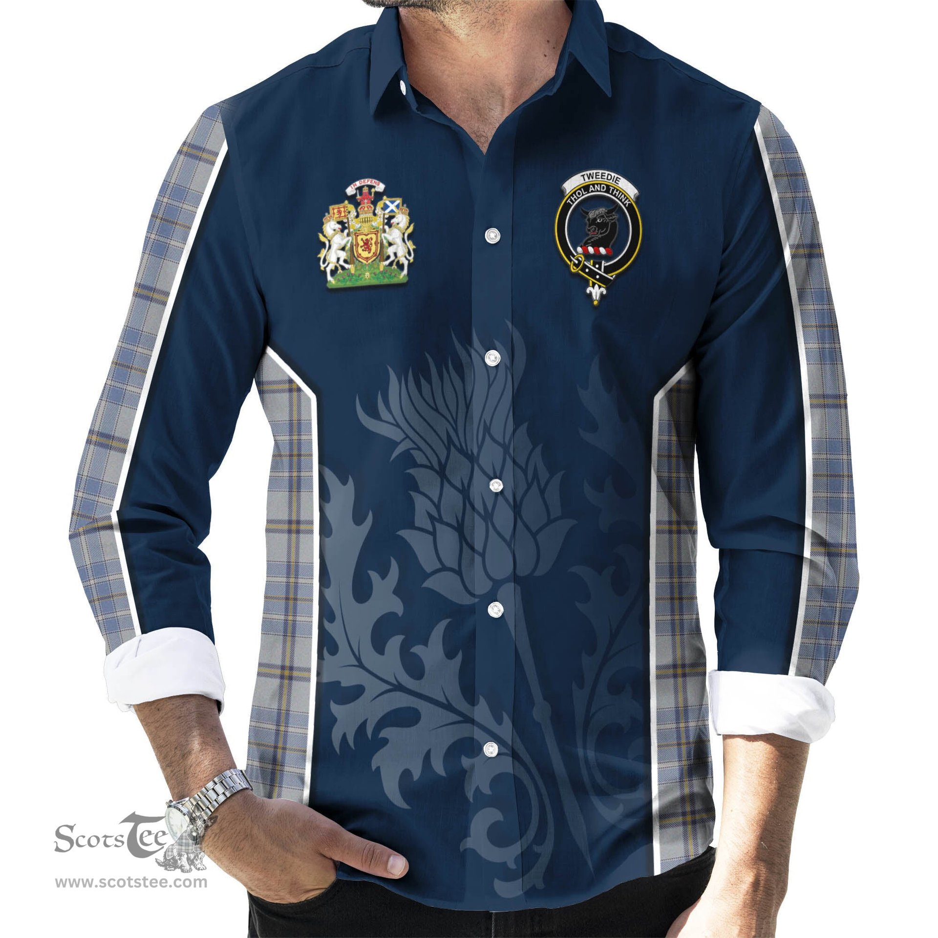 ScotsTee Shop Scottish Tweedie Clan Scottish Crest and Scottish Thistle Sport Tartan Long Sleeve Shirt