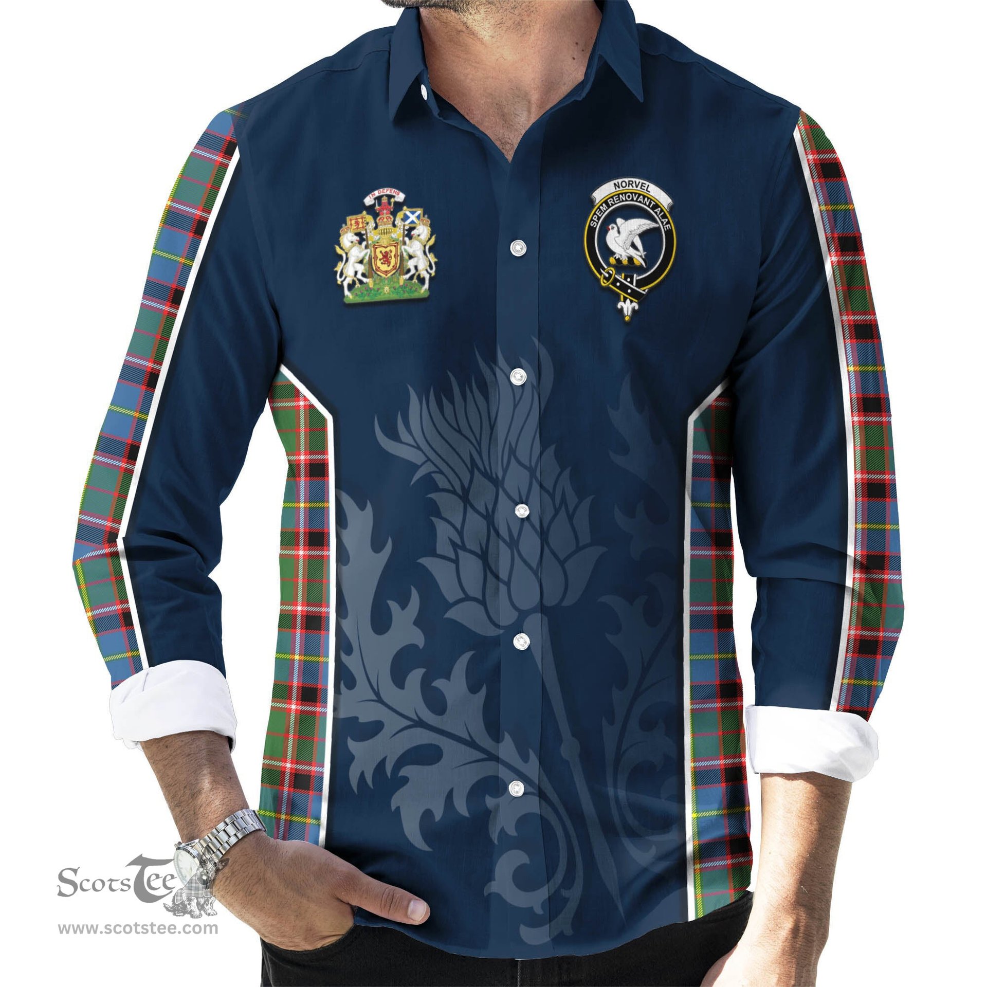 ScotsTee Shop Scottish Norvel Clan Scottish Crest and Scottish Thistle Sport Tartan Long Sleeve Shirt