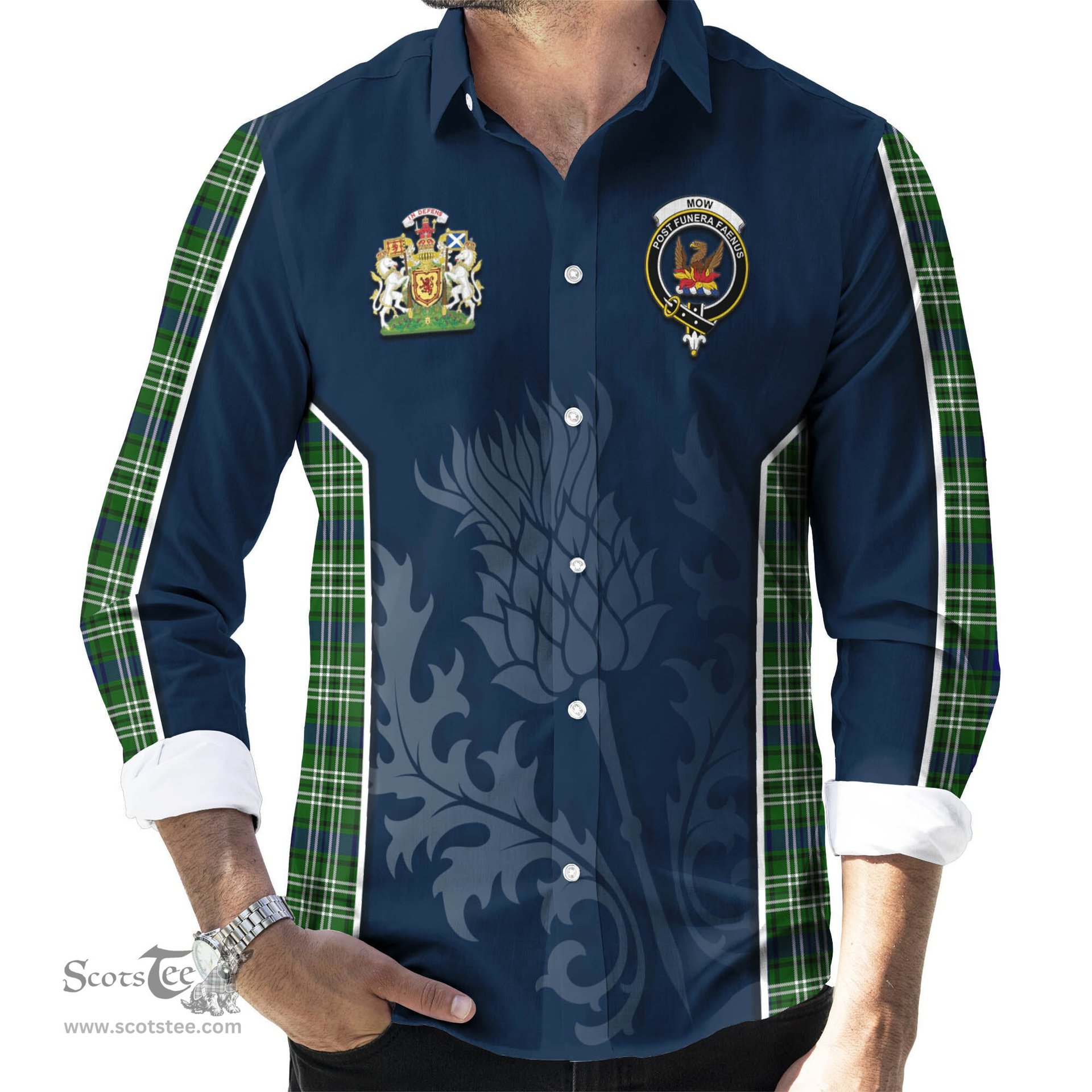 ScotsTee Shop Scottish Mow Clan Scottish Crest and Scottish Thistle Sport Tartan Long Sleeve Shirt