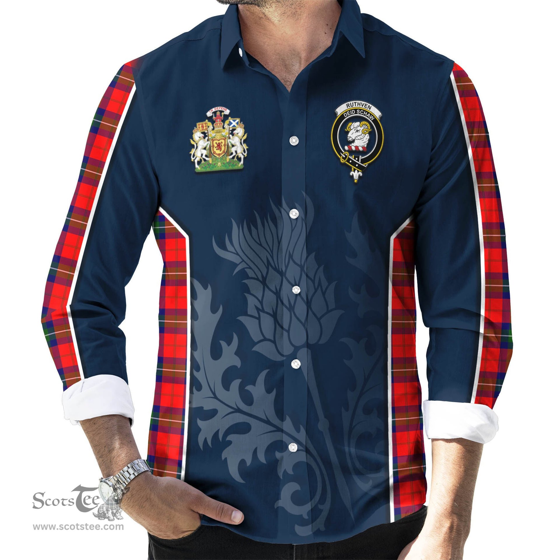 ScotsTee Shop Scottish Ruthven Modern Clan Scottish Crest and Scottish Thistle Sport Tartan Long Sleeve Shirt
