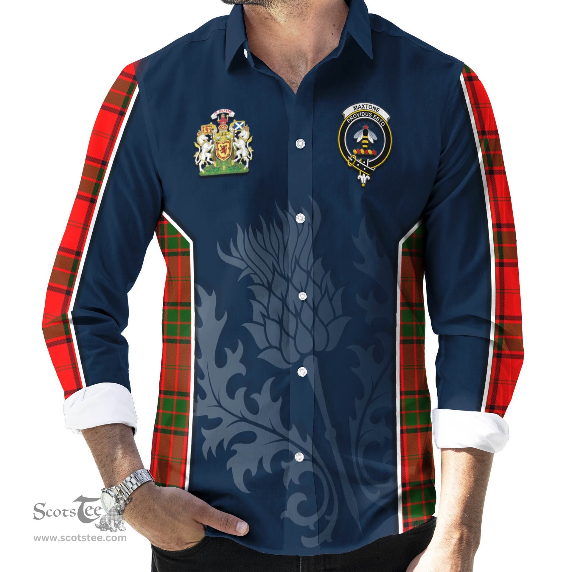 ScotsTee Shop Scottish Maxtone Clan Scottish Crest and Scottish Thistle Sport Tartan Long Sleeve Shirt