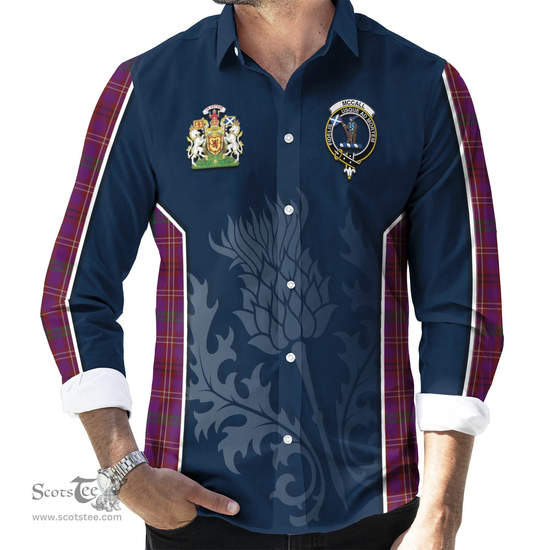 ScotsTee Shop Scottish McCall (Caithness) Clan Scottish Crest and Scottish Thistle Sport Tartan Long Sleeve Shirt