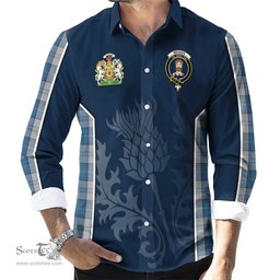 ScotsTee Shop Scottish Menzies Dress Blue and White Clan Scottish Crest and Scottish Thistle Sport Tartan Long Sleeve Shirt