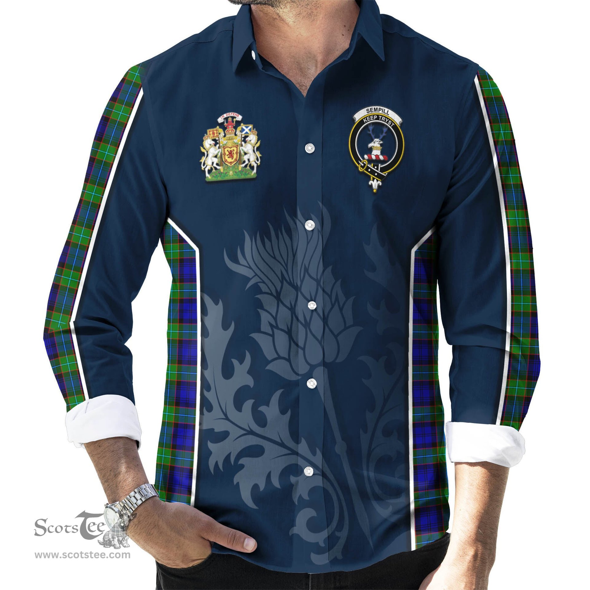 ScotsTee Shop Scottish Sempill Modern Clan Scottish Crest and Scottish Thistle Sport Tartan Long Sleeve Shirt