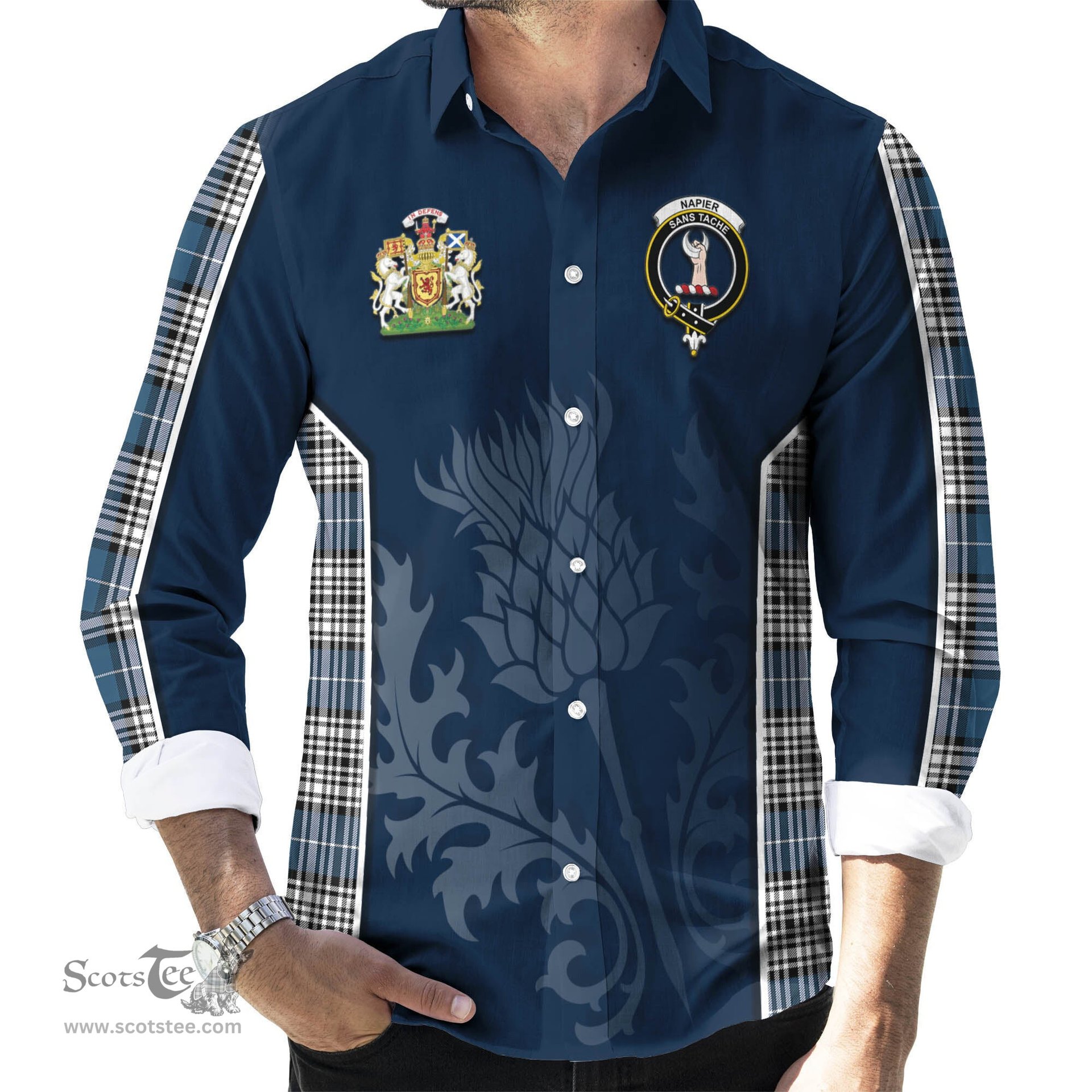 ScotsTee Shop Scottish Napier Modern Clan Scottish Crest and Scottish Thistle Sport Tartan Long Sleeve Shirt