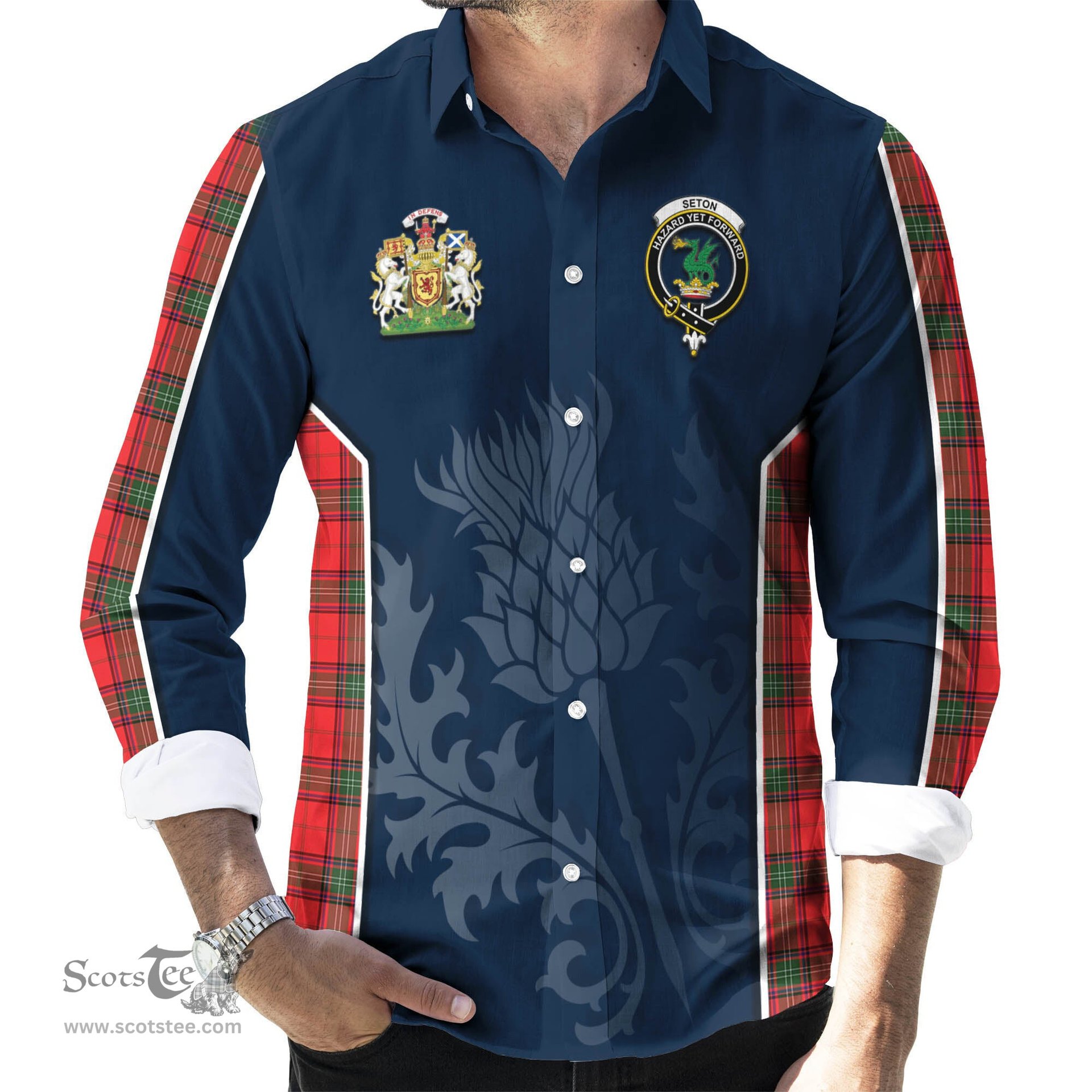 ScotsTee Shop Scottish Seton Modern Clan Scottish Crest and Scottish Thistle Sport Tartan Long Sleeve Shirt