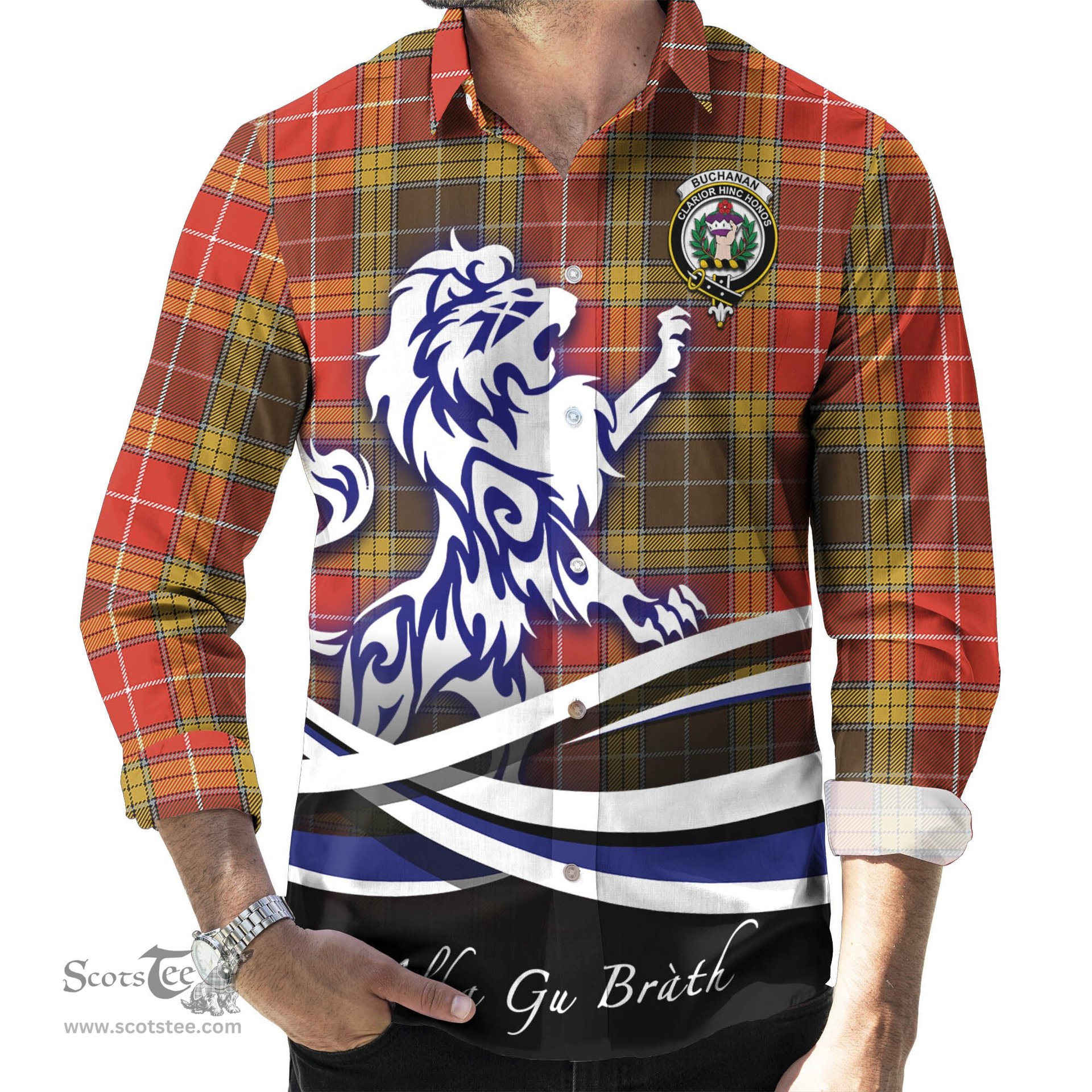 ScotsTee Shop Scottish Buchanan Old Set Weathered Clan Crest Tartan Alba Gu Brath Regal Lion Emblem Long Sleeve Shirt