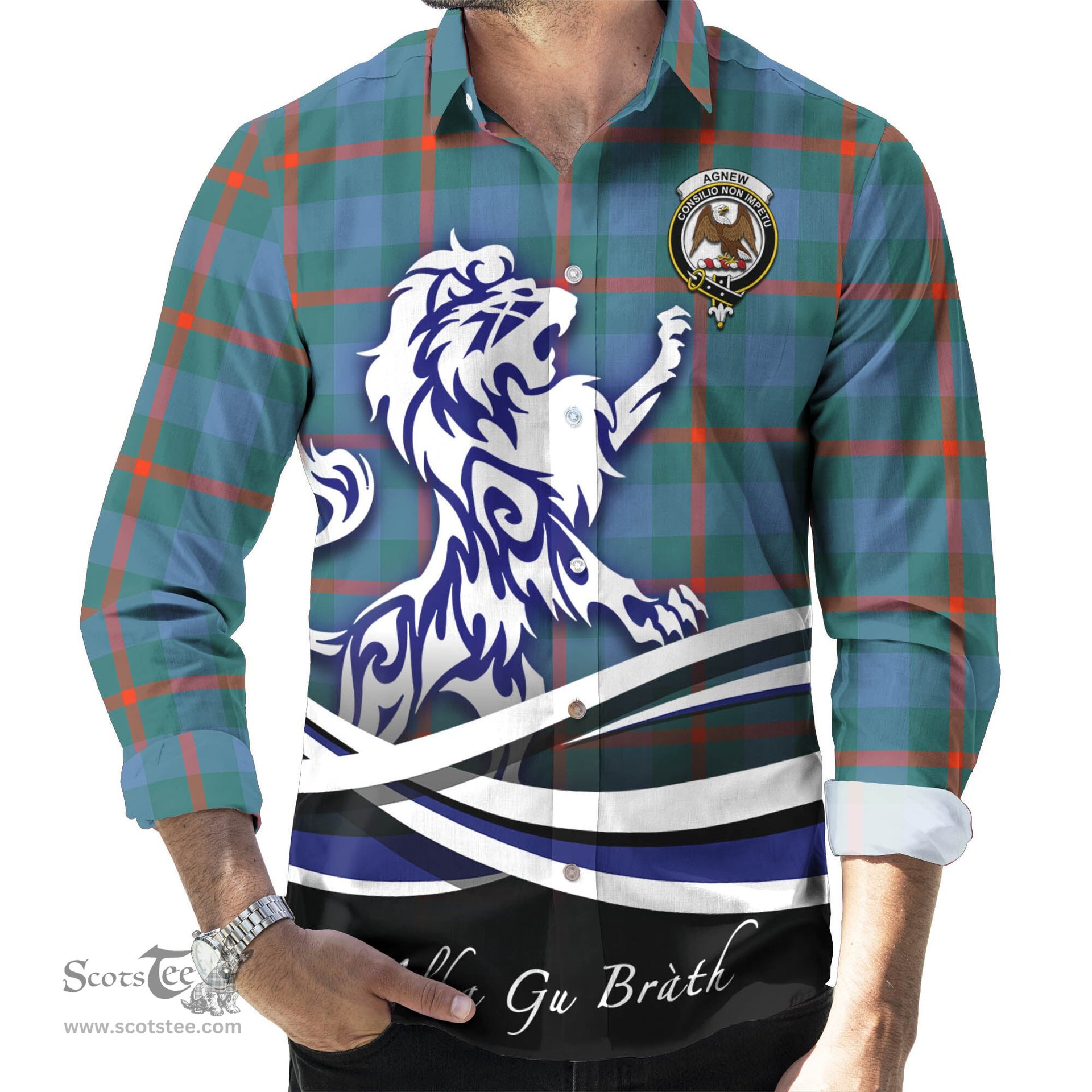 ScotsTee Shop Scottish Agnew Ancient Clan Crest Tartan Alba Gu Brath Regal Lion Emblem Long Sleeve Shirt