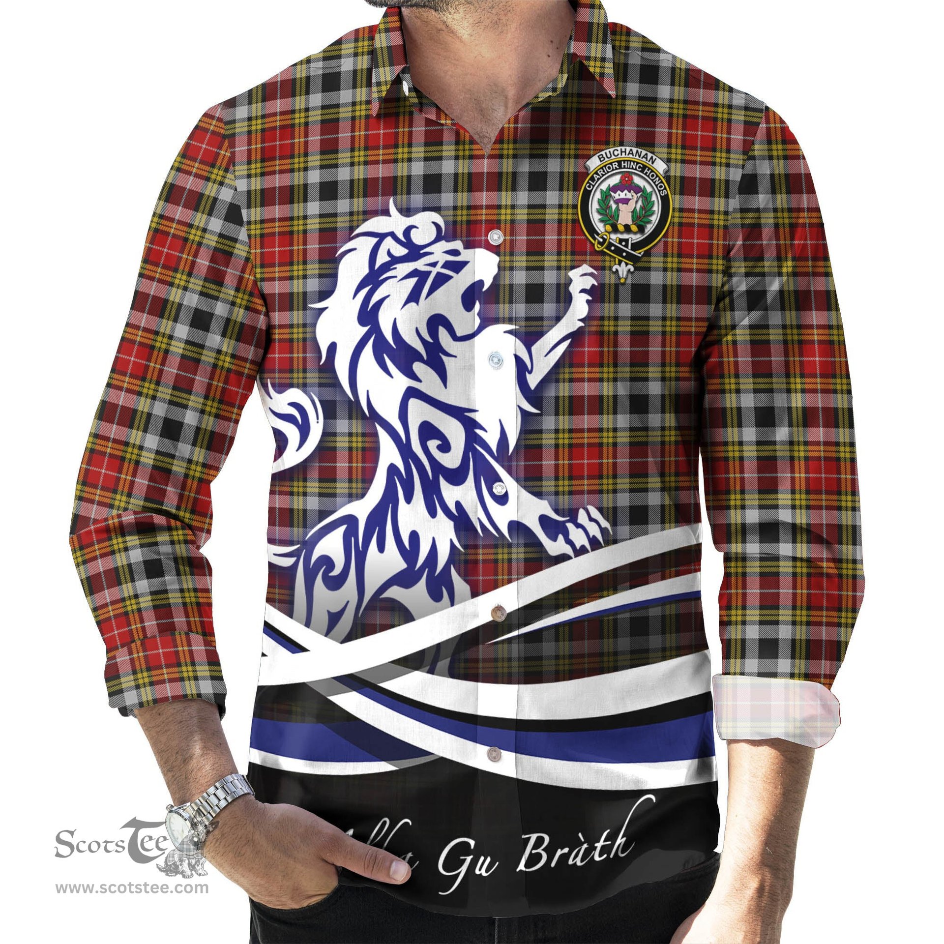 ScotsTee Shop Scottish Buchanan Old Dress Clan Crest Tartan Alba Gu Brath Regal Lion Emblem Long Sleeve Shirt