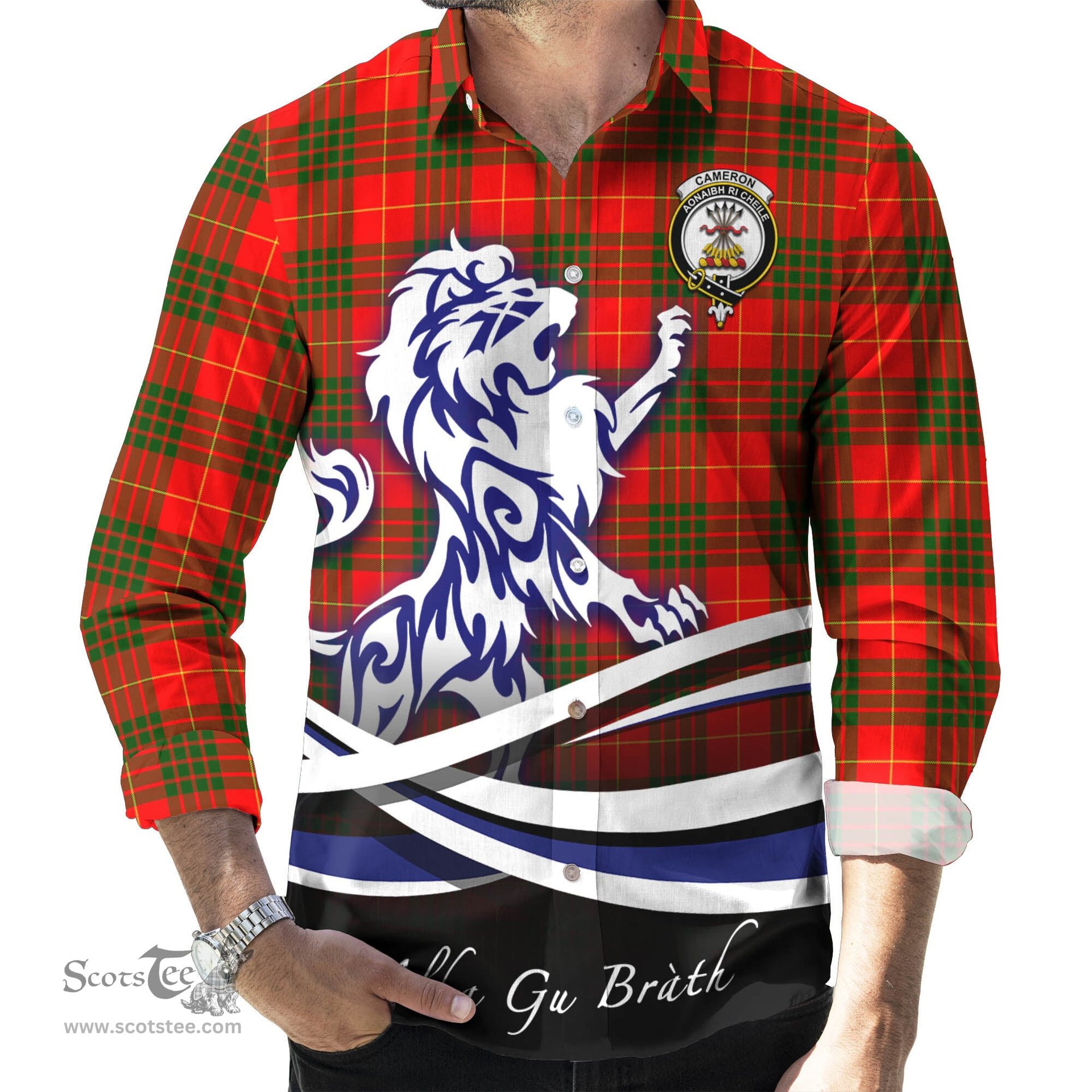 ScotsTee Shop Scottish Cameron Modern Clan Crest Tartan Alba Gu Brath Regal Lion Emblem Long Sleeve Shirt