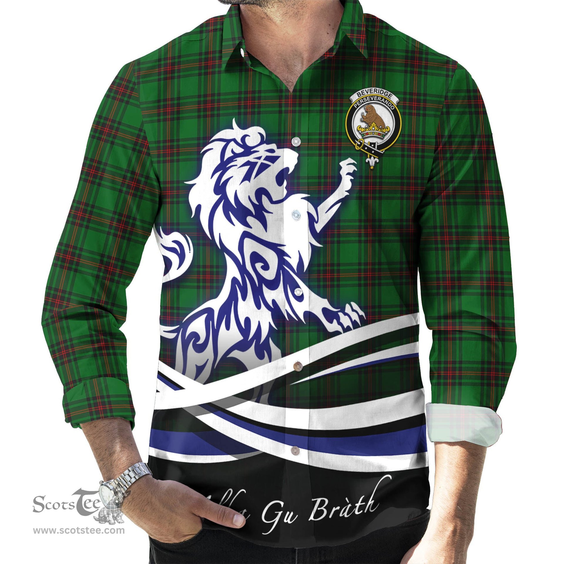 ScotsTee Shop Scottish Beveridge Clan Crest Tartan Alba Gu Brath Regal Lion Emblem Long Sleeve Shirt