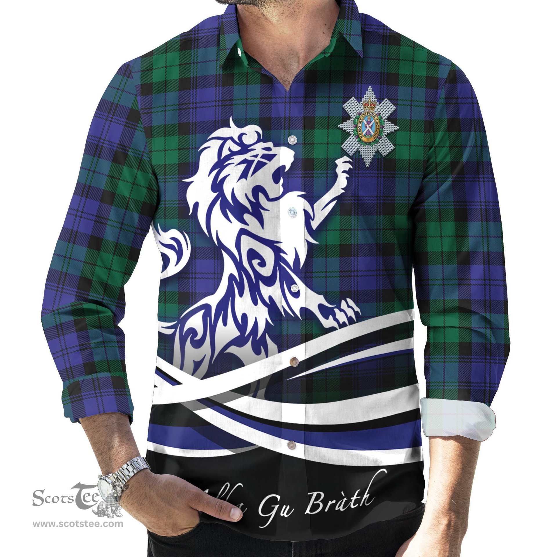 ScotsTee Shop Scottish Black Watch Modern Clan Crest Tartan Alba Gu Brath Regal Lion Emblem Long Sleeve Shirt