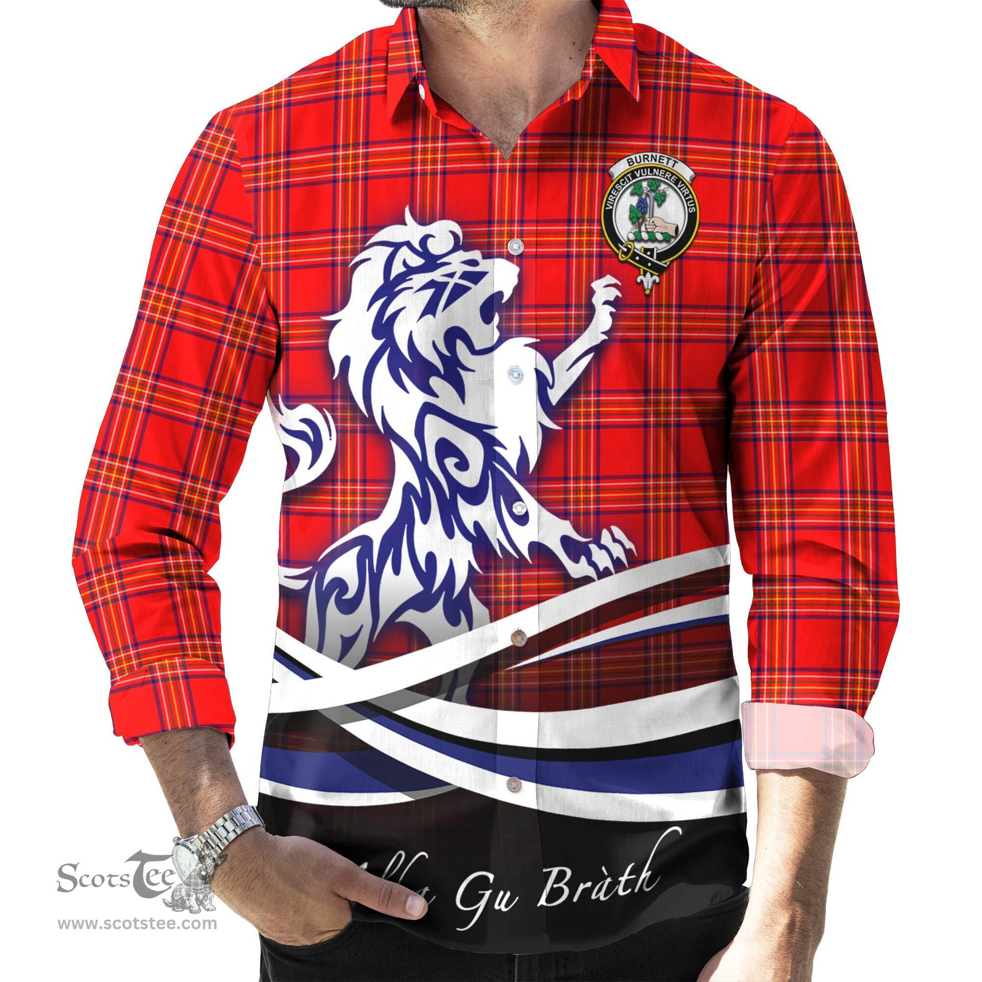 ScotsTee Shop Scottish Burnett Modern Clan Crest Tartan Alba Gu Brath Regal Lion Emblem Long Sleeve Shirt