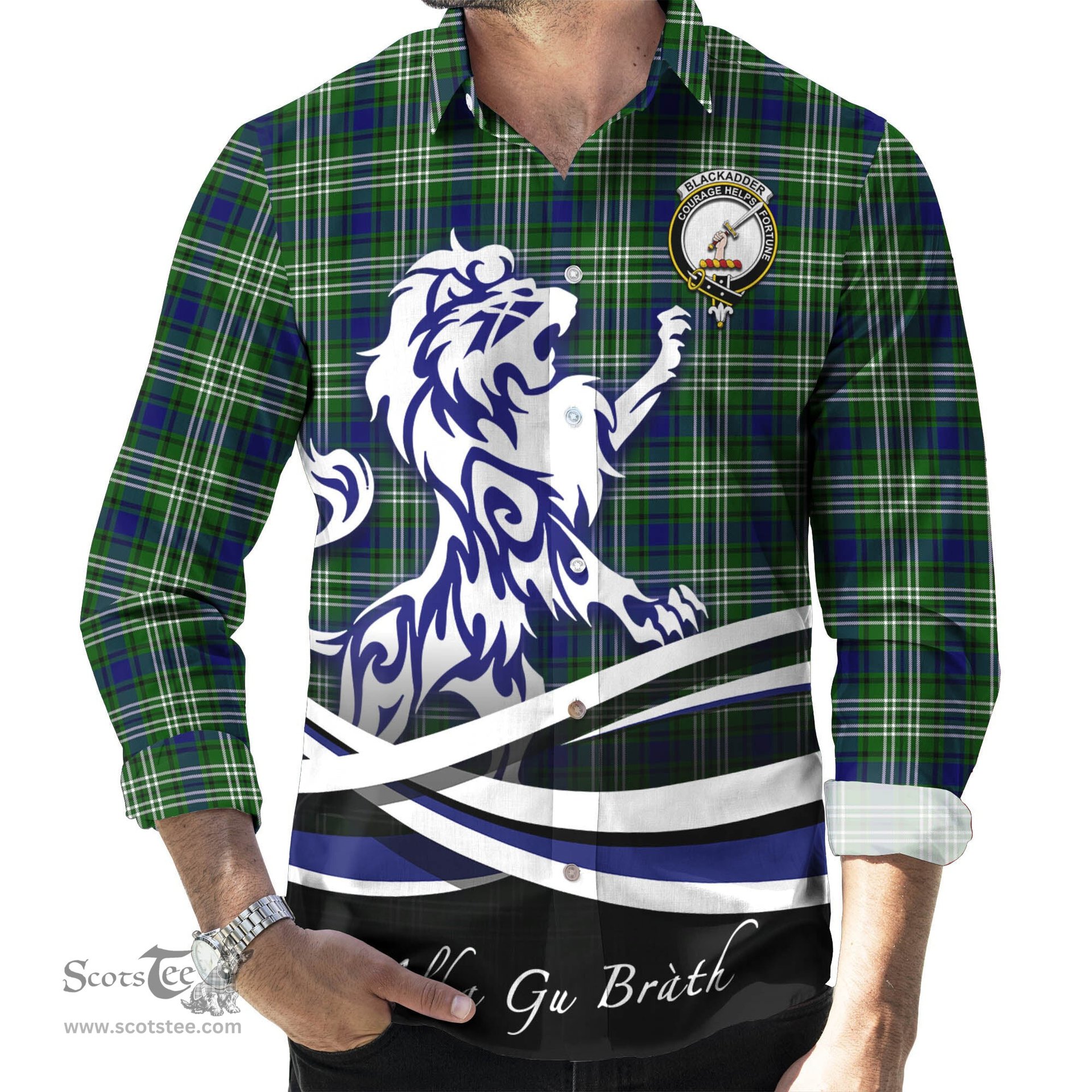 ScotsTee Shop Scottish Blackadder Clan Crest Tartan Alba Gu Brath Regal Lion Emblem Long Sleeve Shirt