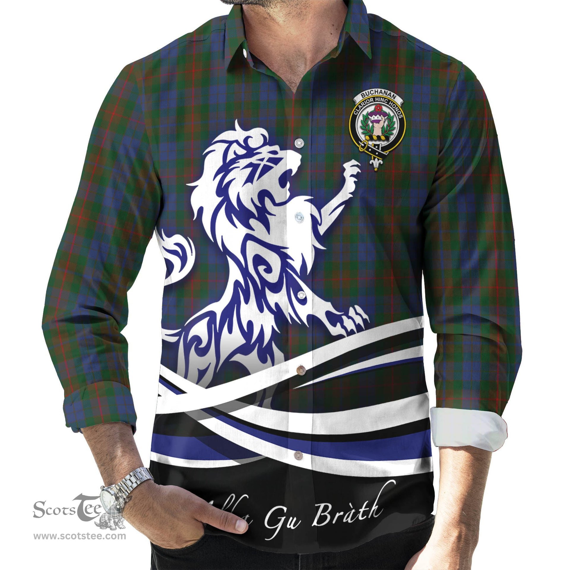 ScotsTee Shop Scottish Buchanan Hunting Clan Crest Tartan Alba Gu Brath Regal Lion Emblem Long Sleeve Shirt