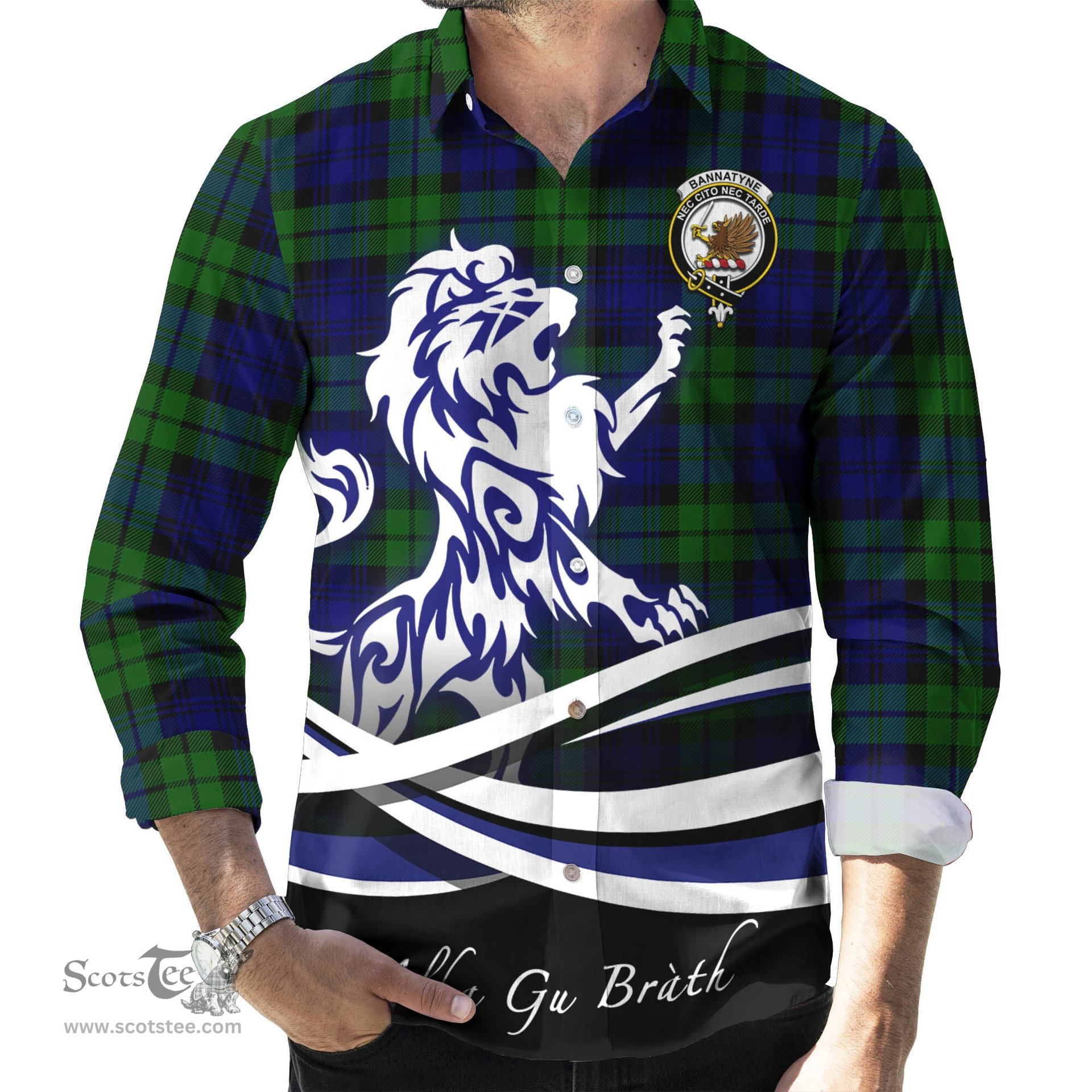 ScotsTee Shop Scottish Bannatyne Clan Crest Tartan Alba Gu Brath Regal Lion Emblem Long Sleeve Shirt