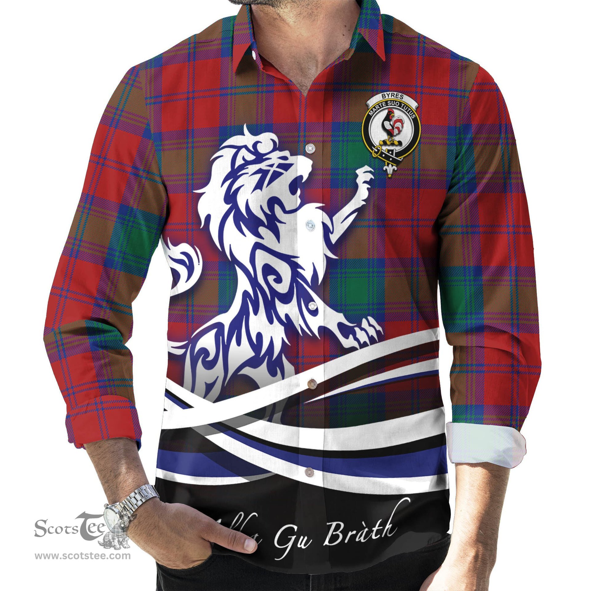 ScotsTee Shop Scottish Byres (Byses) Clan Crest Tartan Alba Gu Brath Regal Lion Emblem Long Sleeve Shirt
