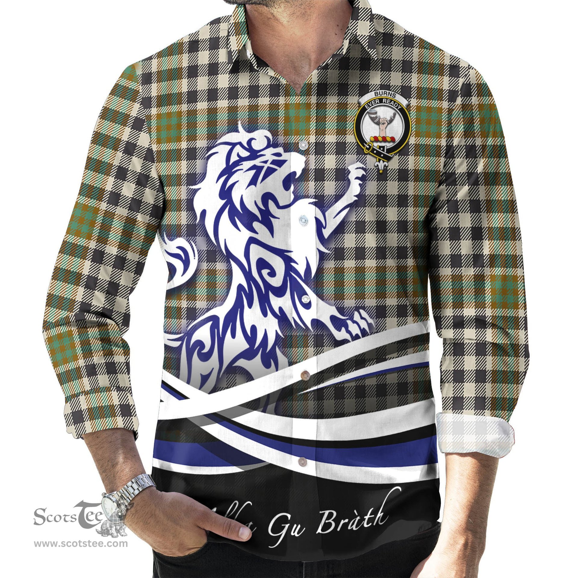 ScotsTee Shop Scottish Burns Check Clan Crest Tartan Alba Gu Brath Regal Lion Emblem Long Sleeve Shirt