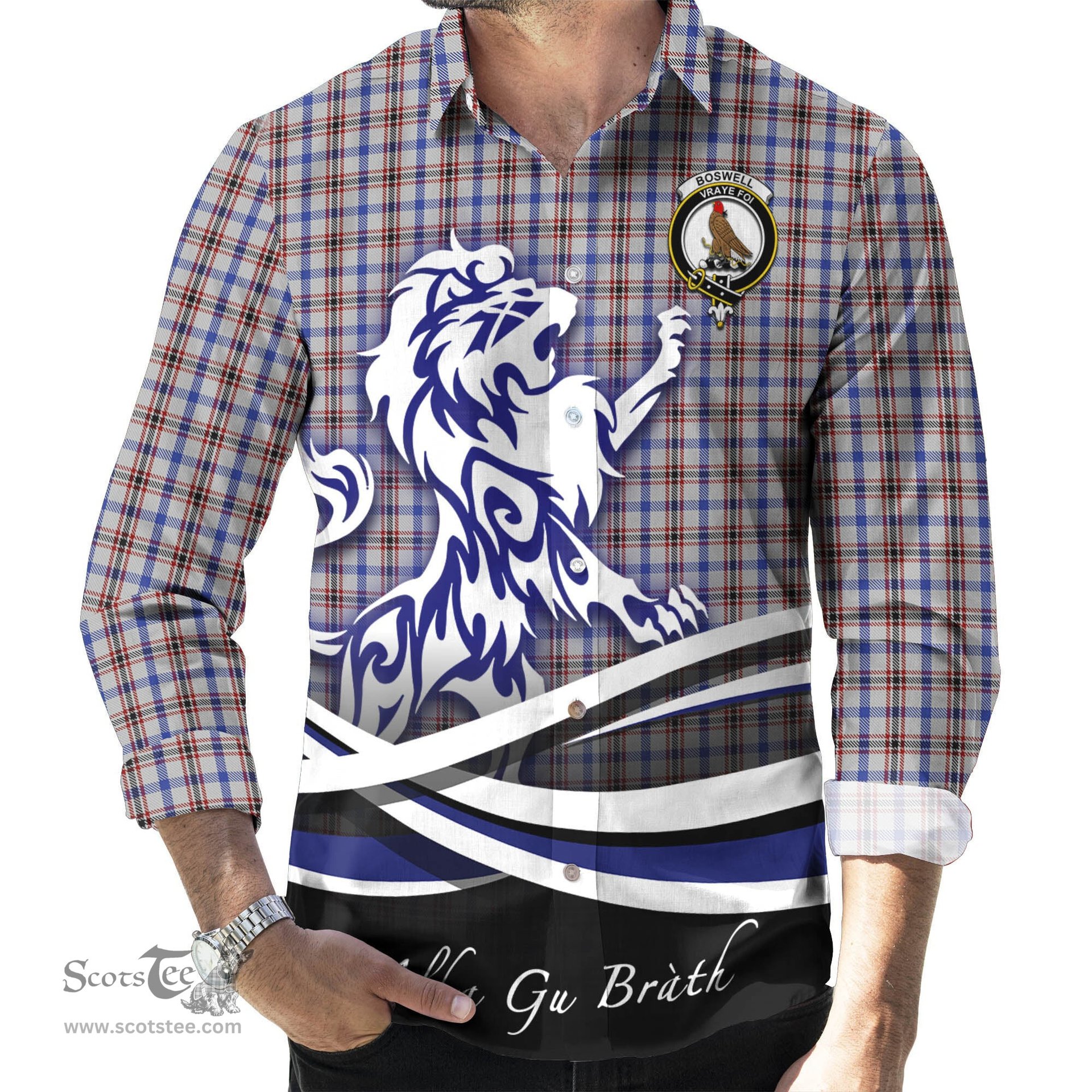 ScotsTee Shop Scottish Boswell Clan Crest Tartan Alba Gu Brath Regal Lion Emblem Long Sleeve Shirt