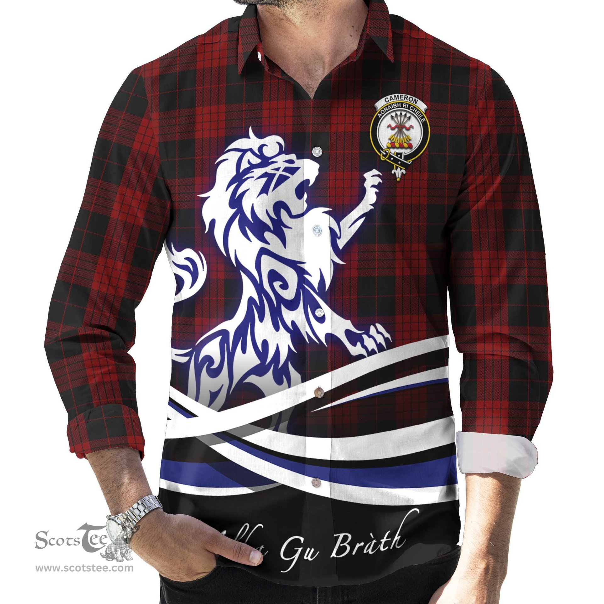 ScotsTee Shop Scottish Cameron Black and Red Clan Crest Tartan Alba Gu Brath Regal Lion Emblem Long Sleeve Shirt