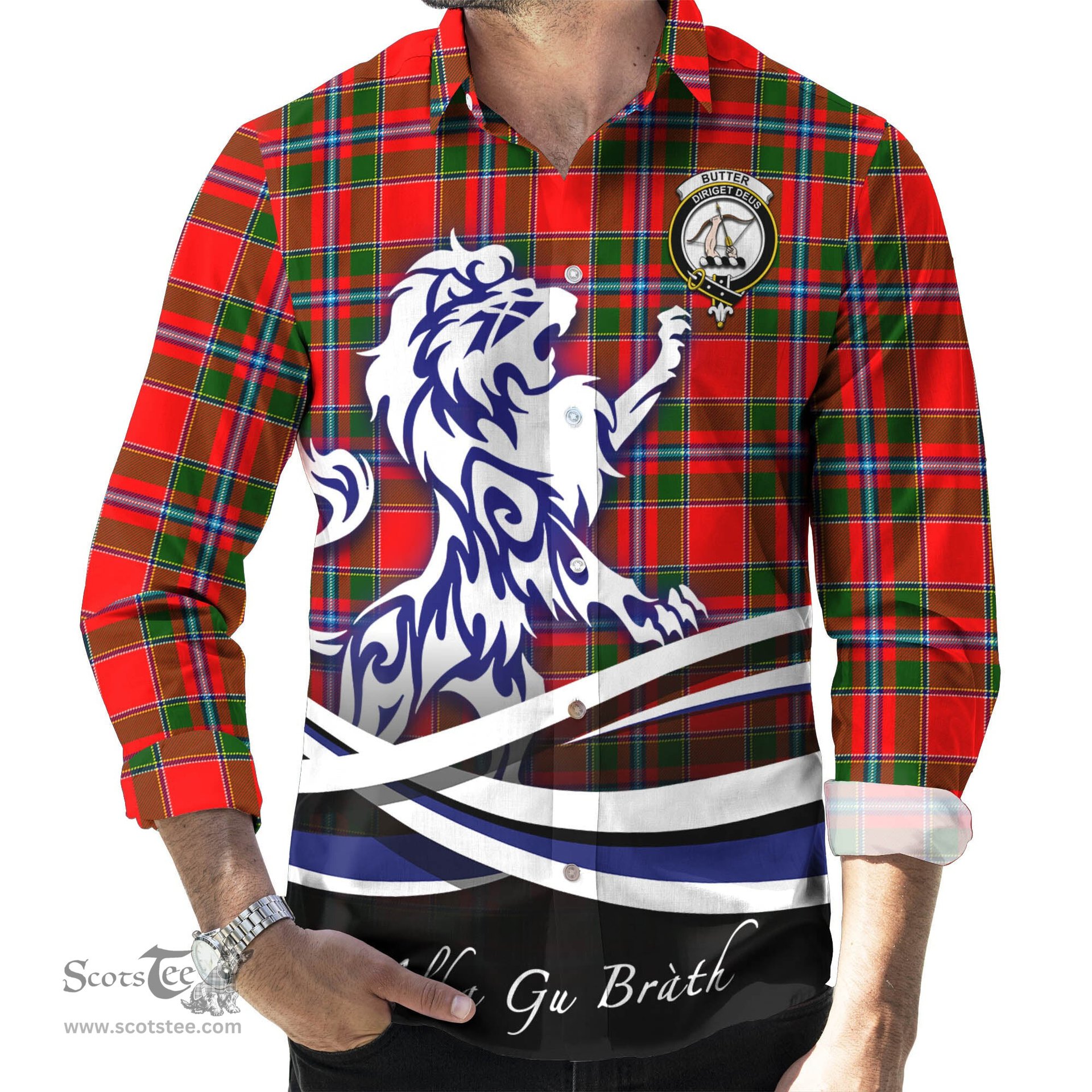 ScotsTee Shop Scottish Butter Clan Crest Tartan Alba Gu Brath Regal Lion Emblem Long Sleeve Shirt