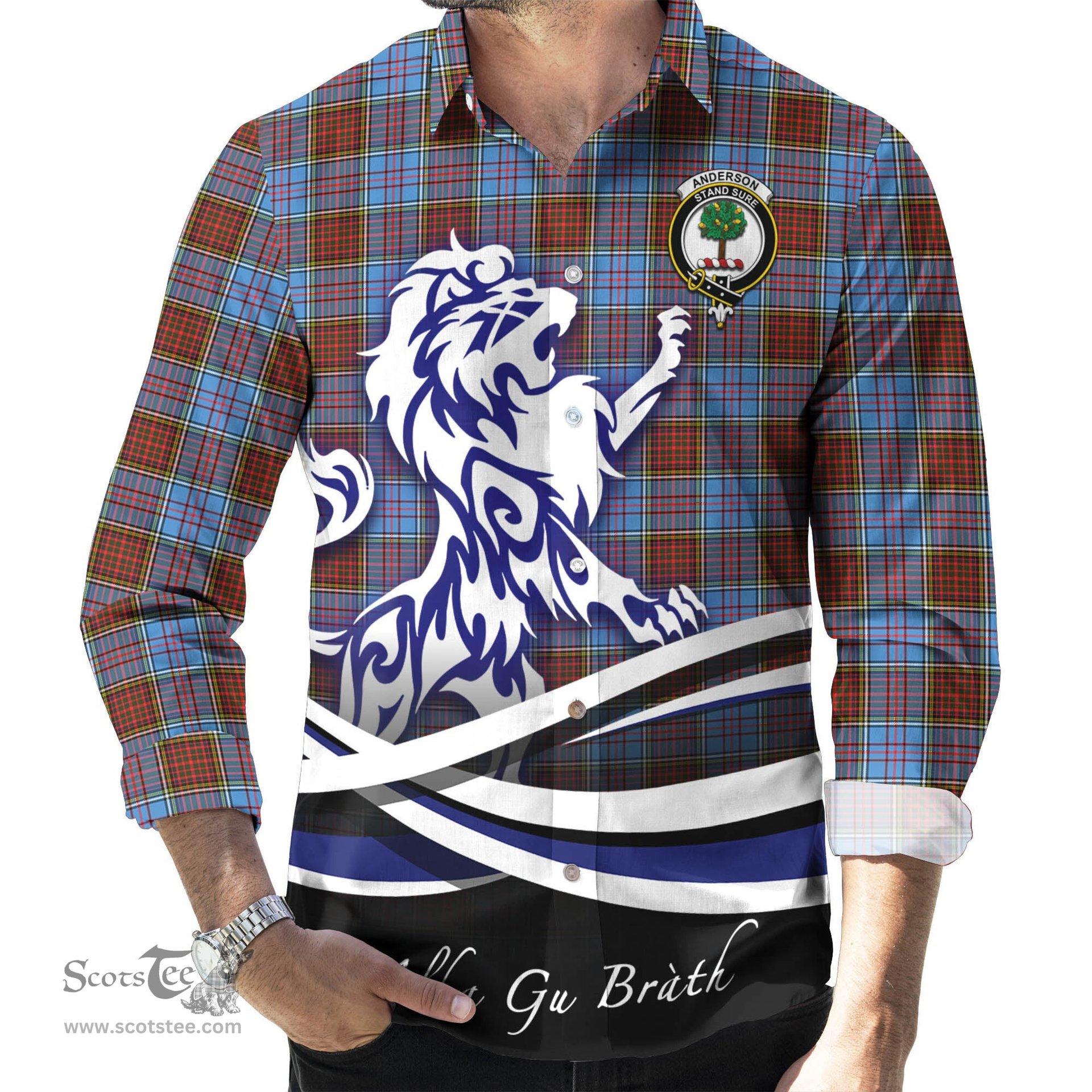 ScotsTee Shop Scottish Anderson Modern Clan Crest Tartan Alba Gu Brath Regal Lion Emblem Long Sleeve Shirt