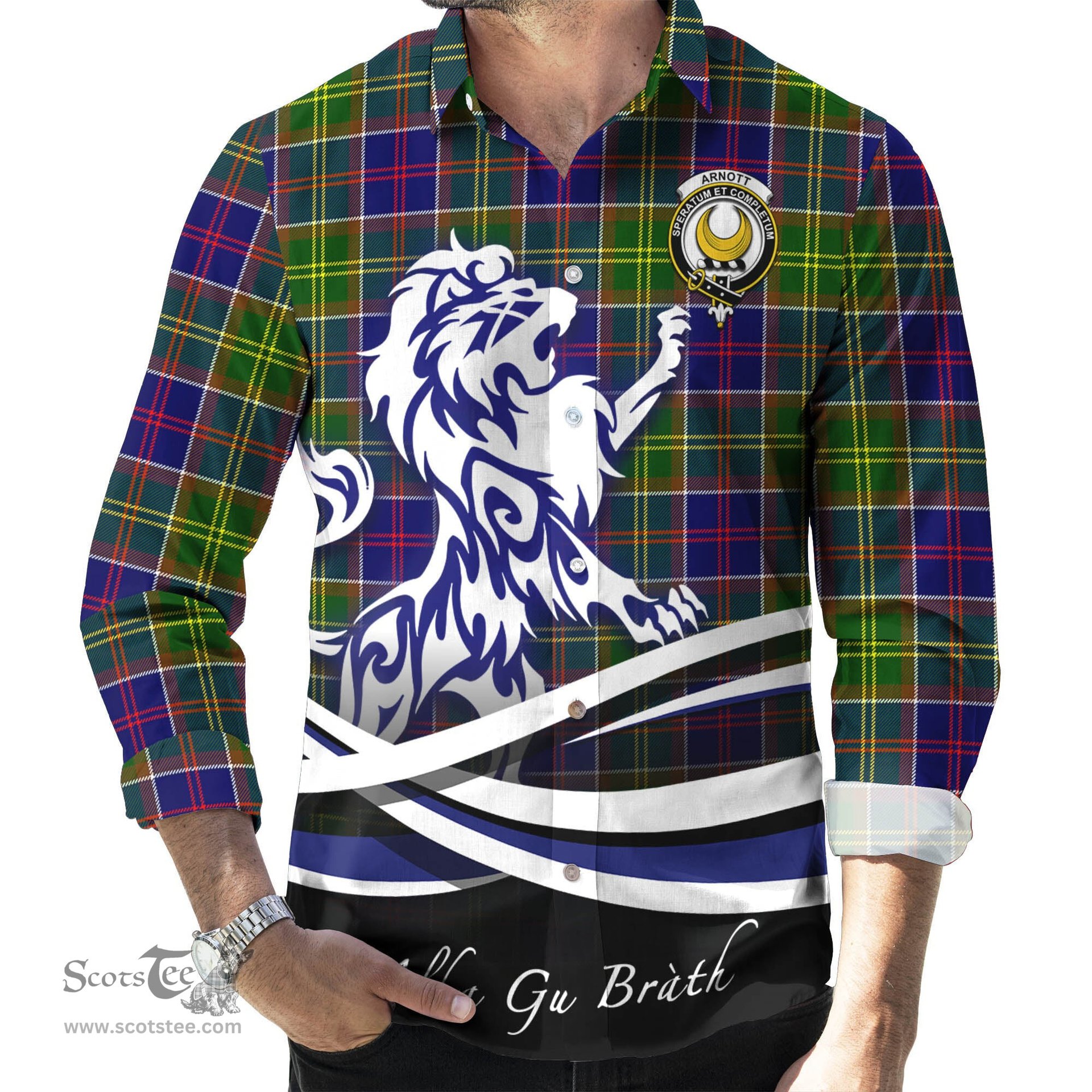 ScotsTee Shop Scottish Arnott Clan Crest Tartan Alba Gu Brath Regal Lion Emblem Long Sleeve Shirt