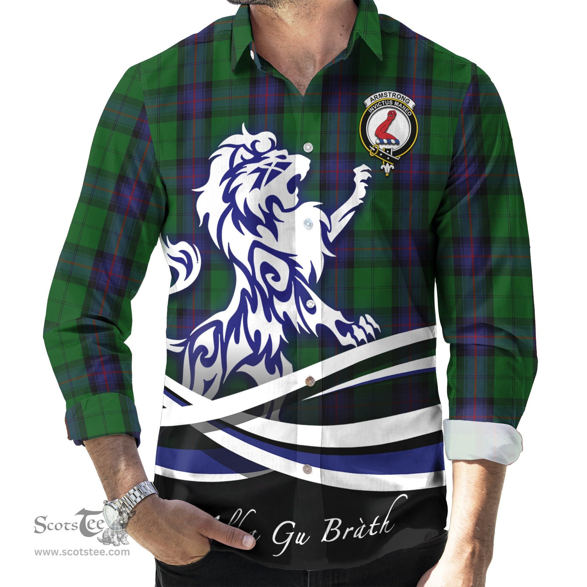 ScotsTee Shop Scottish Armstrong Clan Crest Tartan Alba Gu Brath Regal Lion Emblem Long Sleeve Shirt