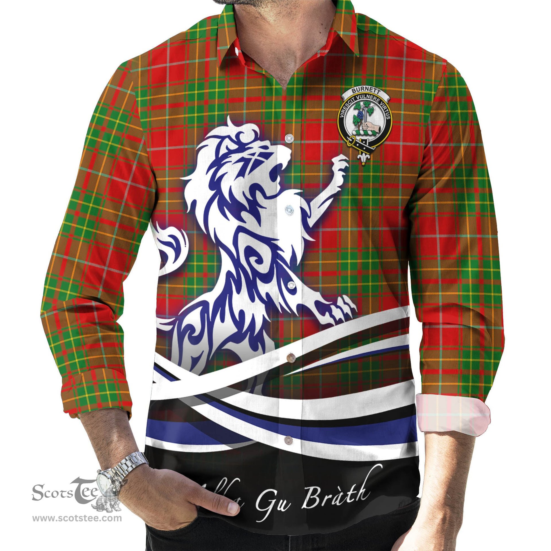 ScotsTee Shop Scottish Burnett Ancient Clan Crest Tartan Alba Gu Brath Regal Lion Emblem Long Sleeve Shirt