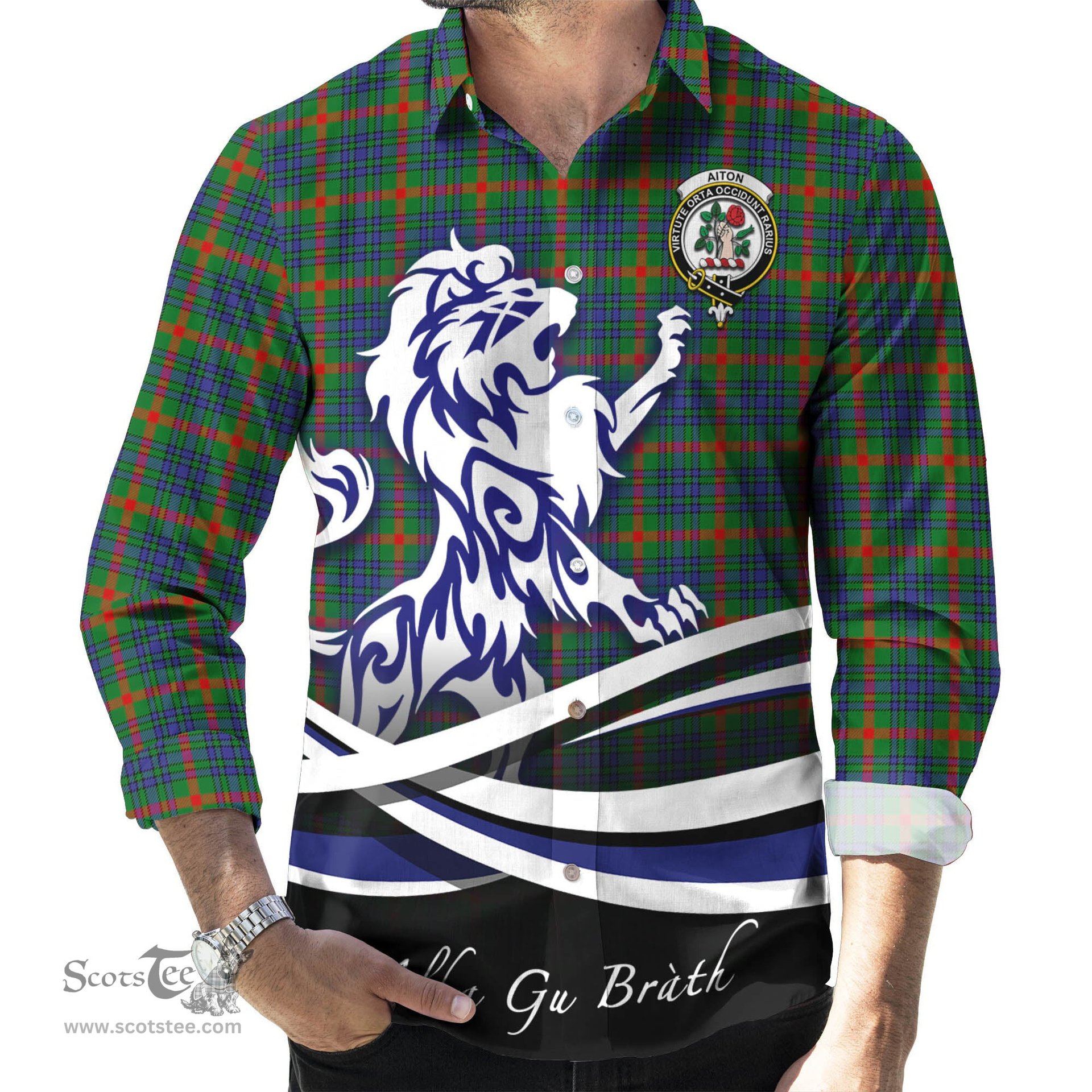 ScotsTee Shop Scottish Aiton Clan Crest Tartan Alba Gu Brath Regal Lion Emblem Long Sleeve Shirt