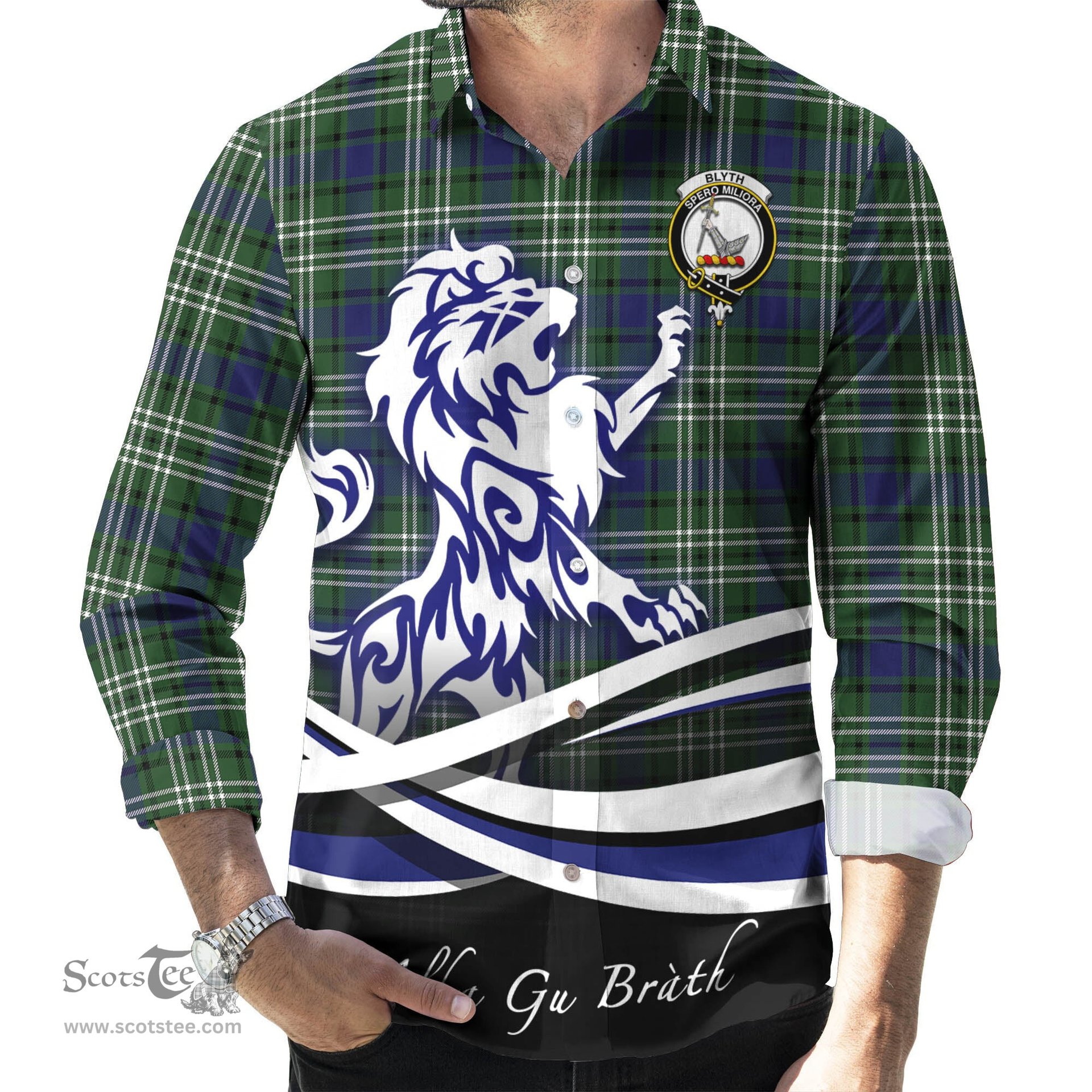 ScotsTee Shop Scottish Blyth Clan Crest Tartan Alba Gu Brath Regal Lion Emblem Long Sleeve Shirt