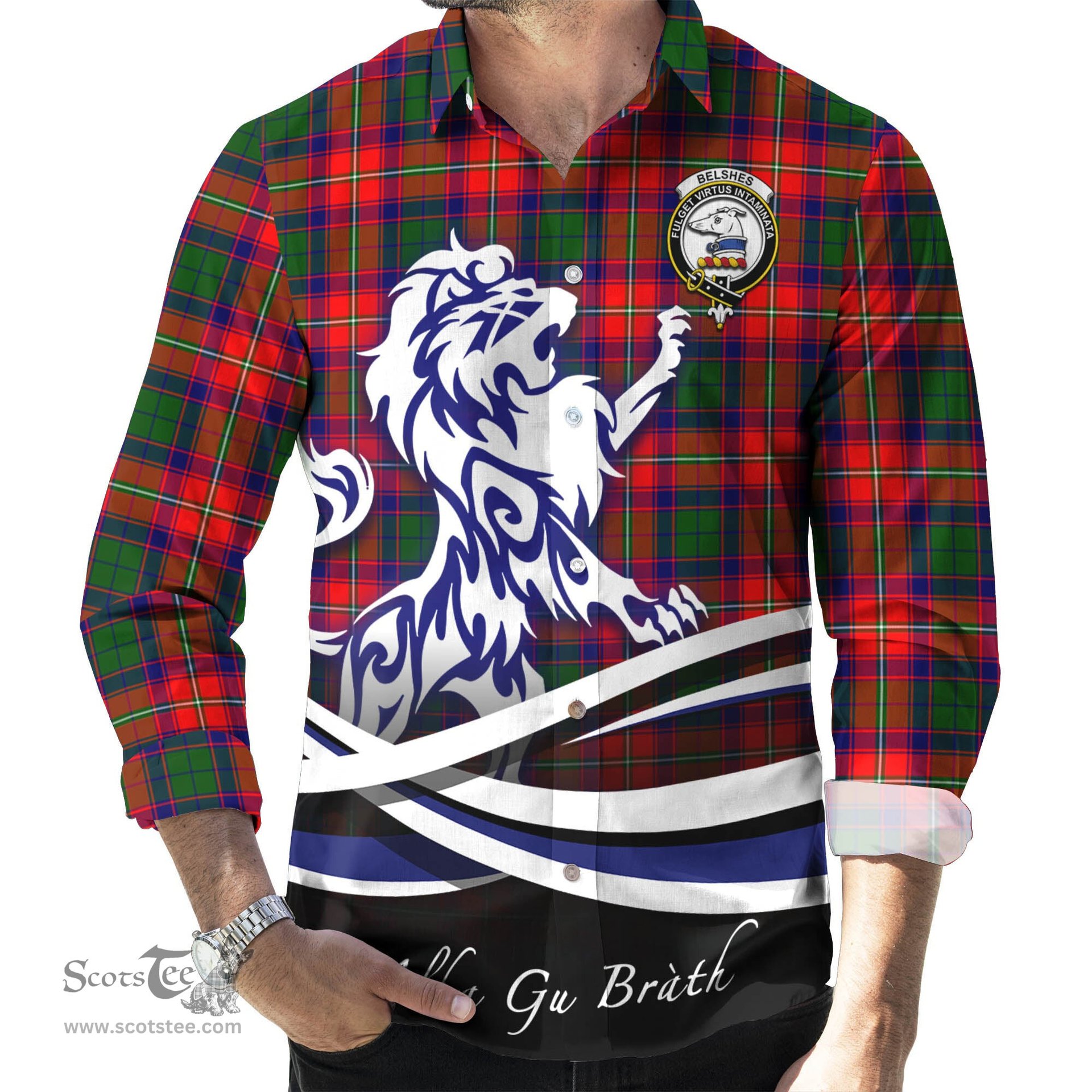 ScotsTee Shop Scottish Belshes Clan Crest Tartan Alba Gu Brath Regal Lion Emblem Long Sleeve Shirt
