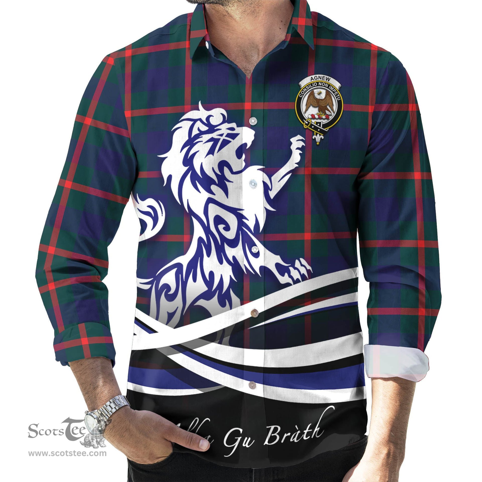ScotsTee Shop Scottish Agnew Modern Clan Crest Tartan Alba Gu Brath Regal Lion Emblem Long Sleeve Shirt
