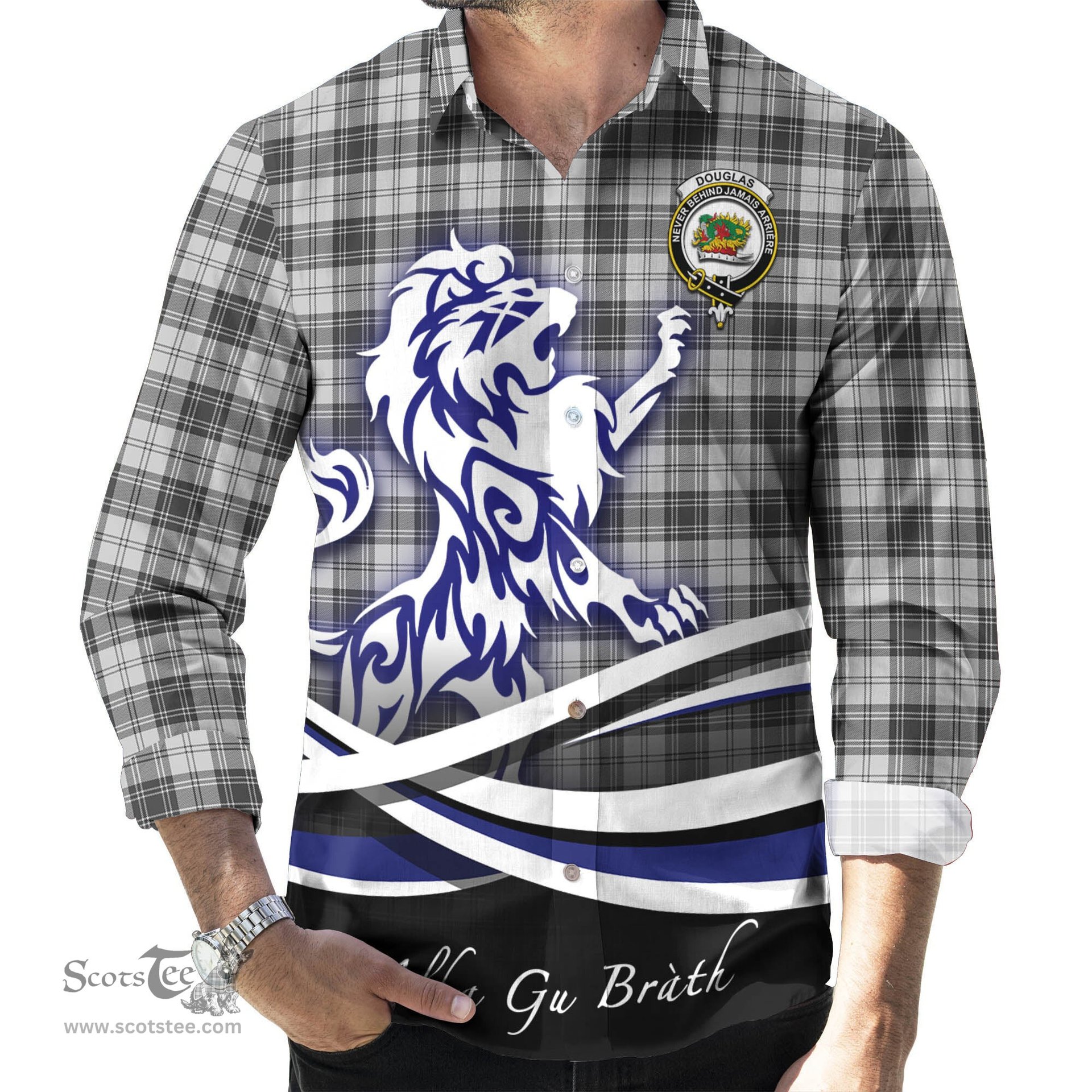 ScotsTee Shop Scottish Douglas Grey Modern Clan Crest Tartan Alba Gu Brath Regal Lion Emblem Long Sleeve Shirt
