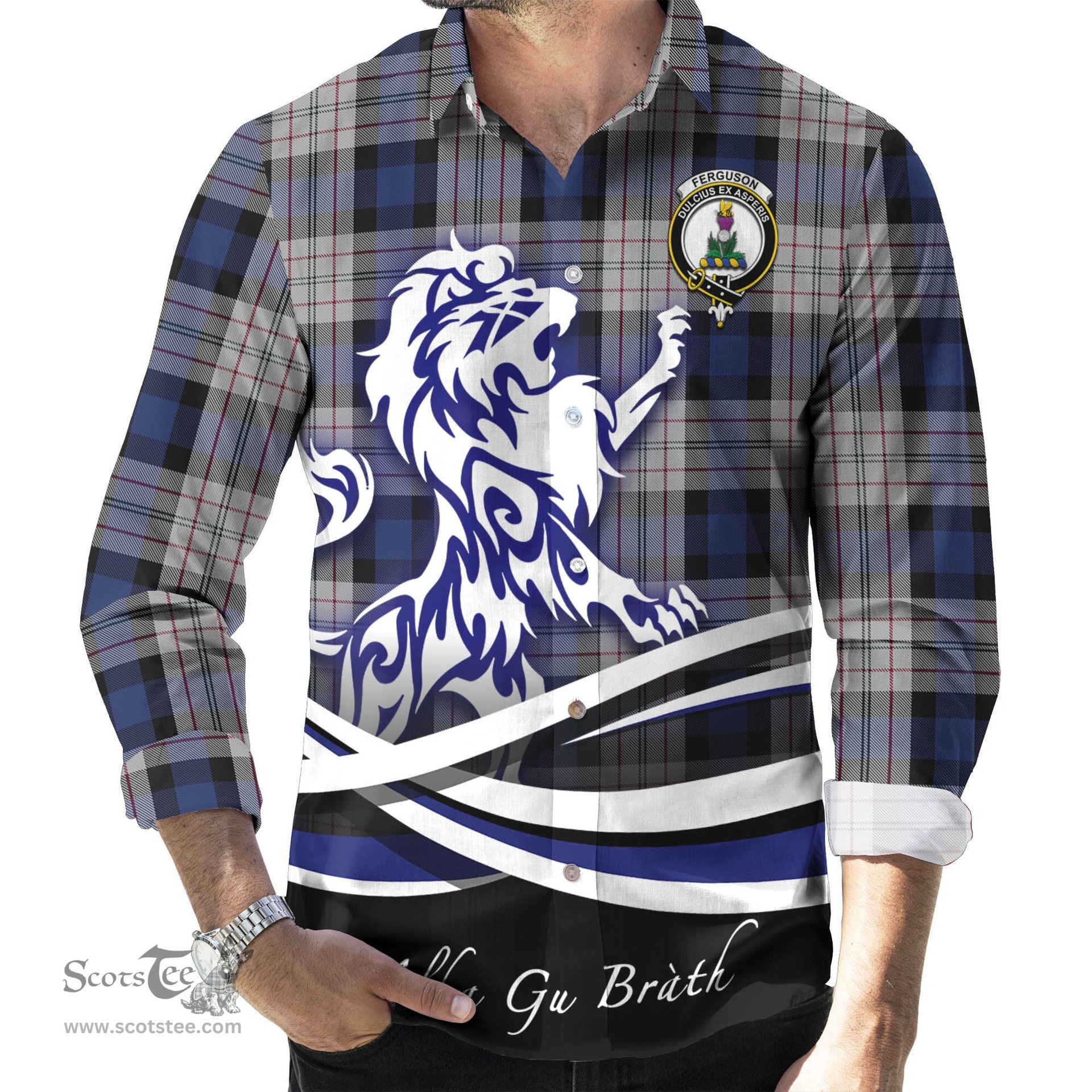 ScotsTee Shop Scottish Ferguson Dress Clan Crest Tartan Alba Gu Brath Regal Lion Emblem Long Sleeve Shirt