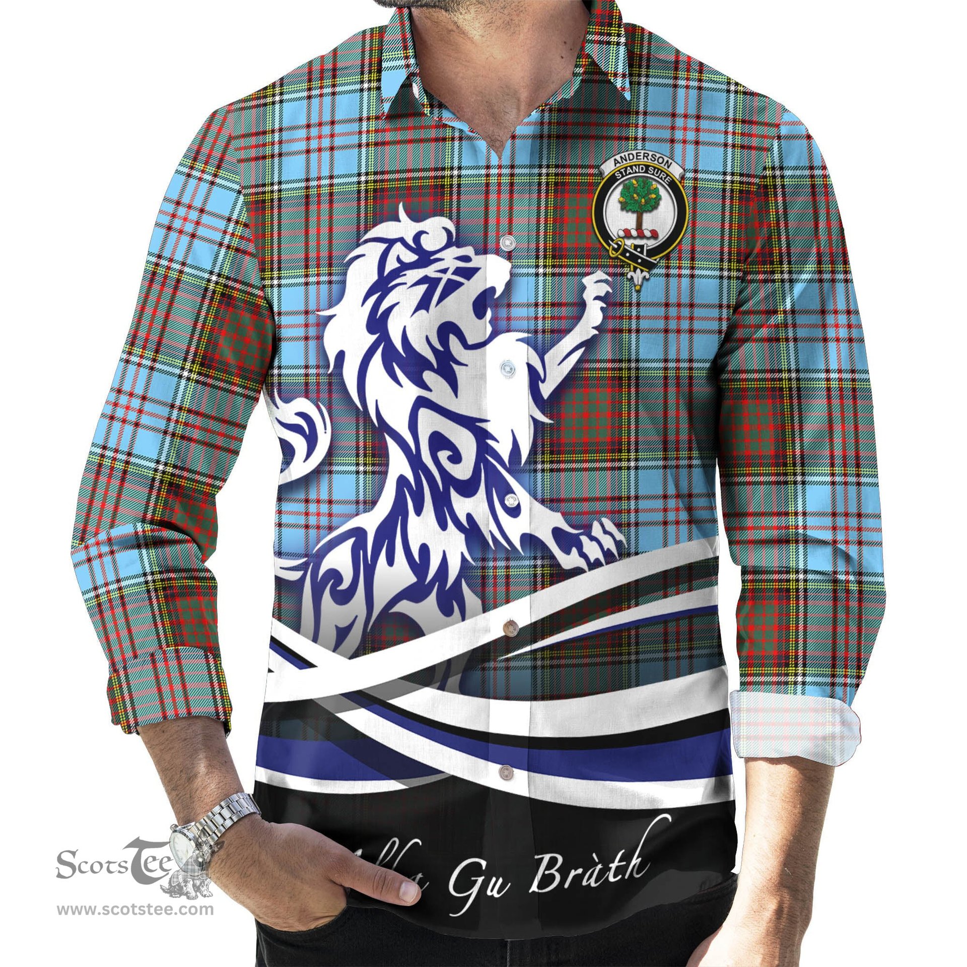 ScotsTee Shop Scottish Anderson Ancient Clan Crest Tartan Alba Gu Brath Regal Lion Emblem Long Sleeve Shirt