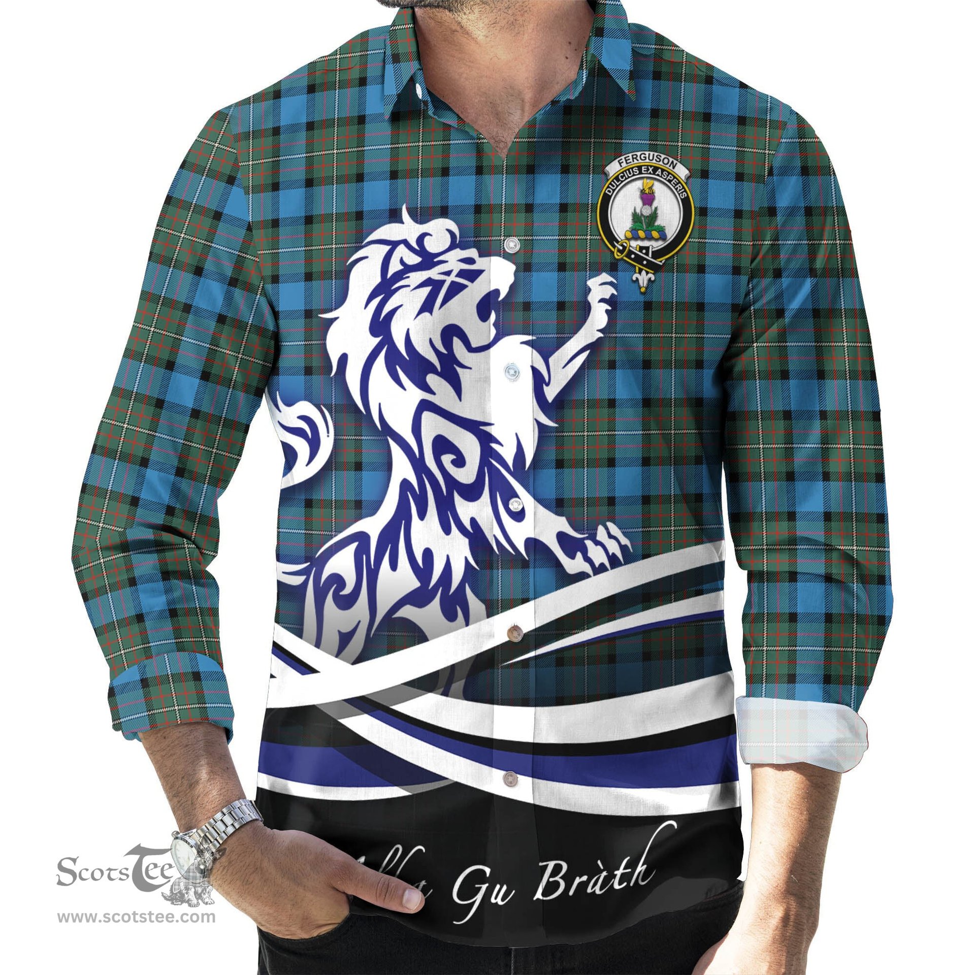 ScotsTee Shop Scottish Fergusson Ancient Clan Crest Tartan Alba Gu Brath Regal Lion Emblem Long Sleeve Shirt