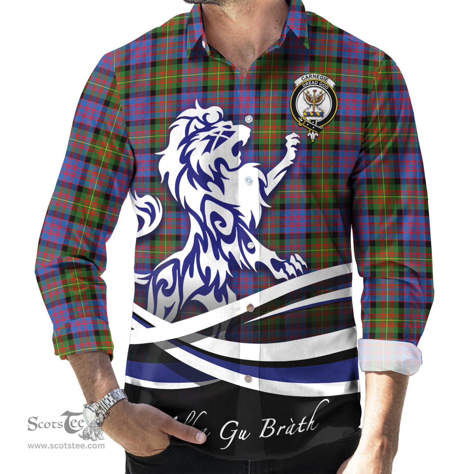 ScotsTee Shop Scottish Carnegie Ancient Clan Crest Tartan Alba Gu Brath Regal Lion Emblem Long Sleeve Shirt