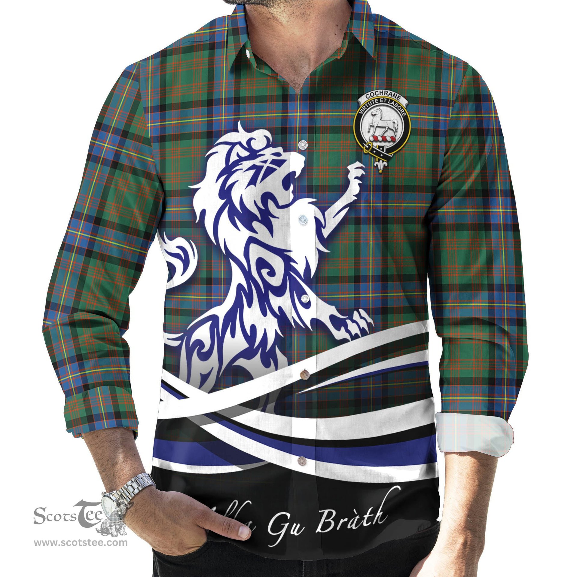 ScotsTee Shop Scottish Cochrane Ancient Clan Crest Tartan Alba Gu Brath Regal Lion Emblem Long Sleeve Shirt