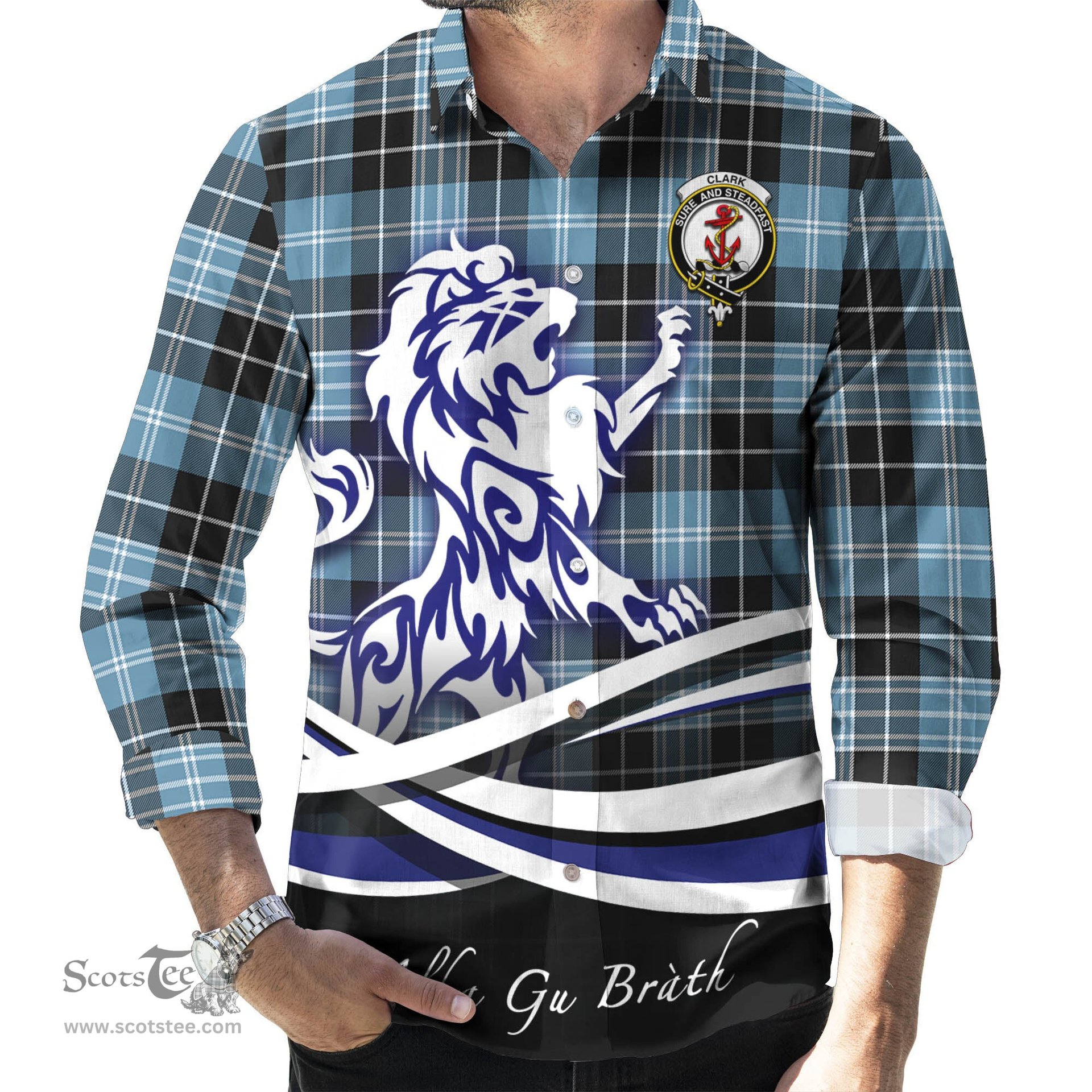 ScotsTee Shop Scottish Clark Ancient Clan Crest Tartan Alba Gu Brath Regal Lion Emblem Long Sleeve Shirt