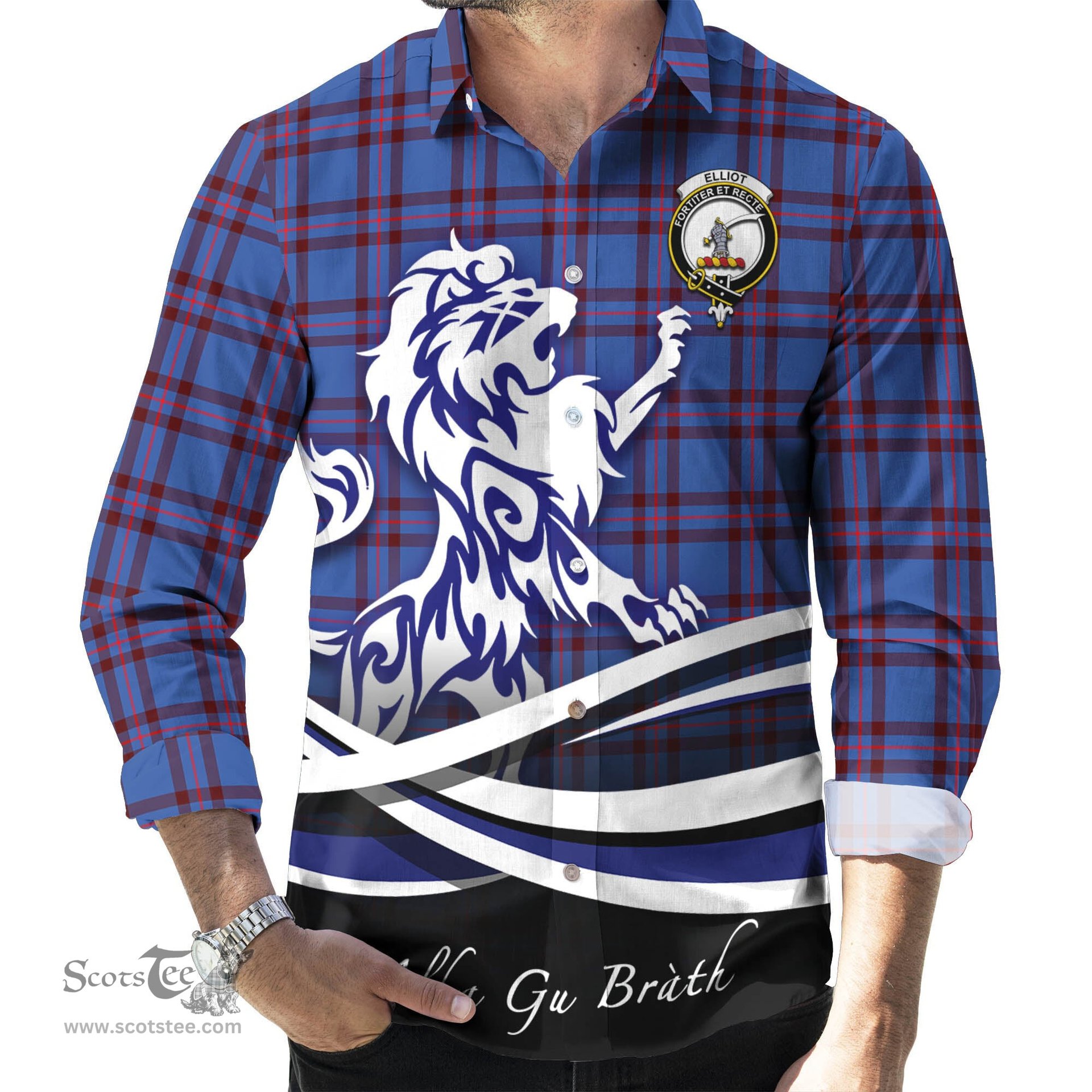 ScotsTee Shop Scottish Elliot Modern Clan Crest Tartan Alba Gu Brath Regal Lion Emblem Long Sleeve Shirt